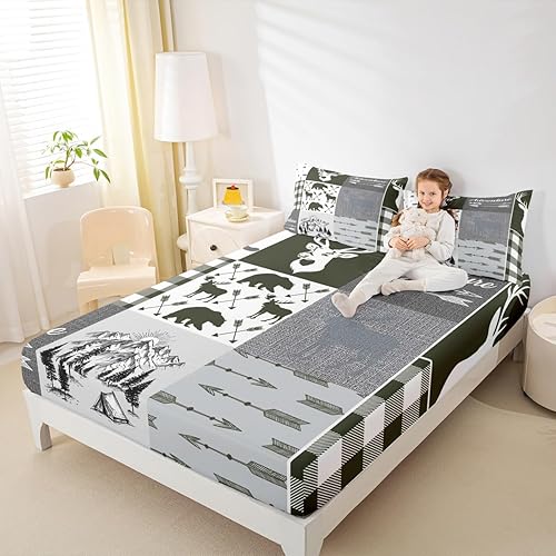 Miniatura 241 de Sábana bajera ajustable de oso de caza, juego de ropa de cama a cuadros de búfalo, sábanas de retazos de cabaña rústica para niños, niños, Multi