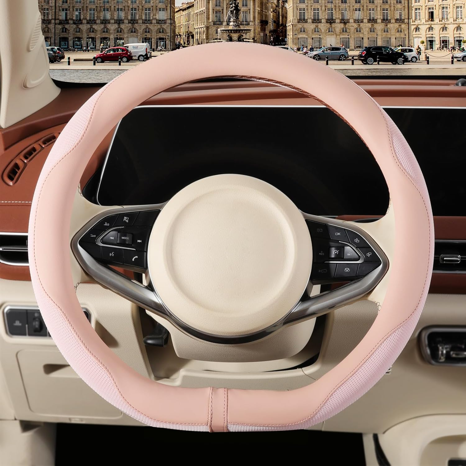 Nappa Leather Pink D Shape Steering Wheel Cover, Advanced Microfiber Leather Non-Slip Breathable Fabric, Warm in Winter and Cool in Summer, Universal 15 inch