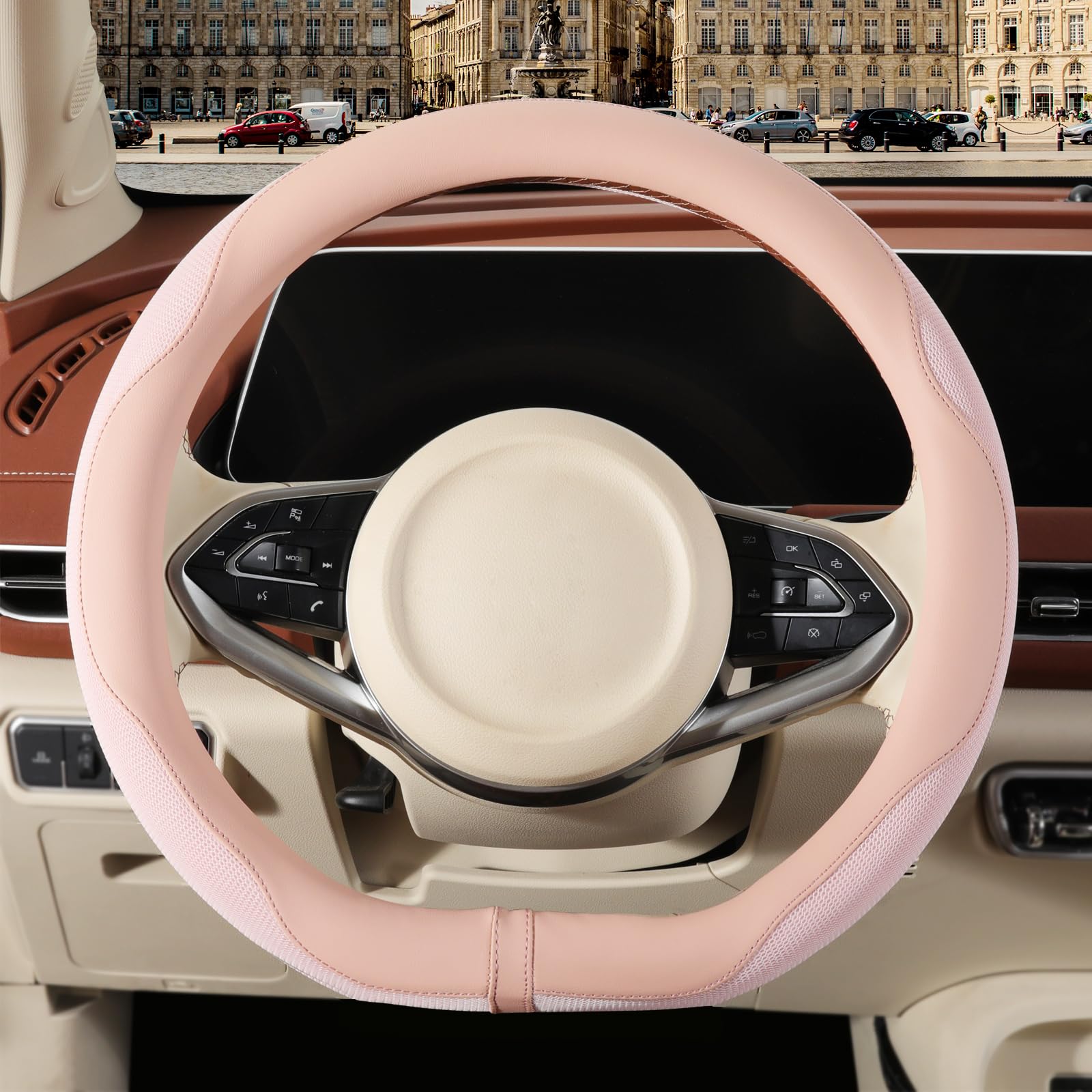 Nappa Leather Pink D Shape Steering Wheel Cover, Advanced Microfiber Leather Non-Slip Breathable Fabric, Warm in Winter and Cool in Summer, Universal 15 inch-image-28