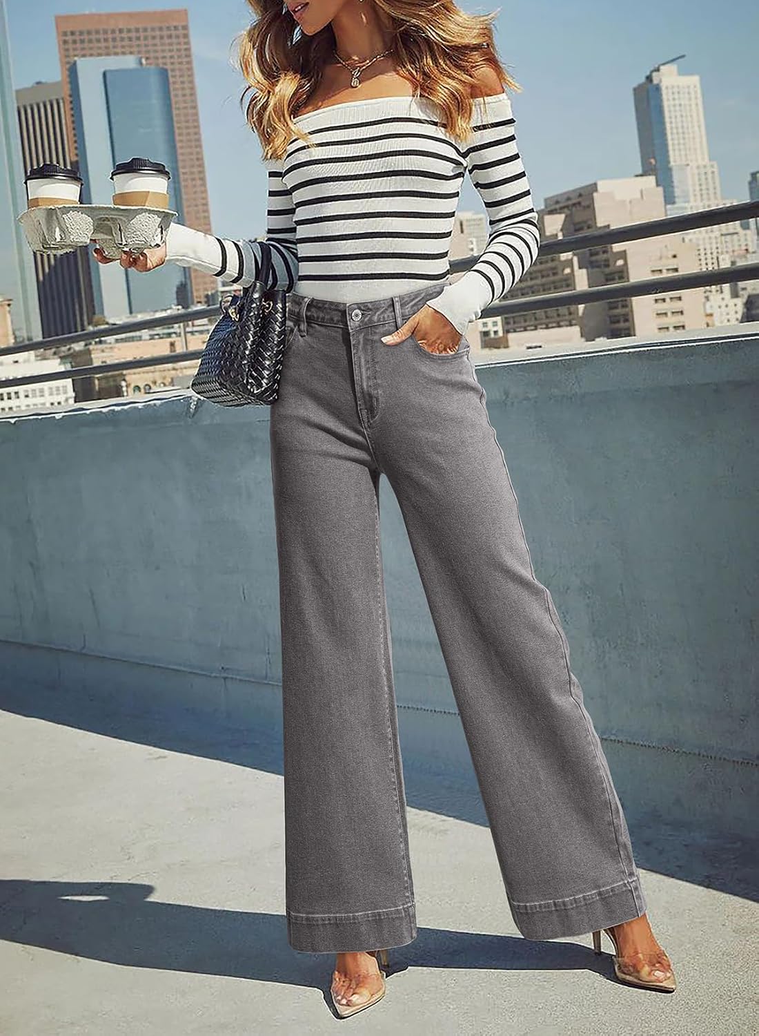 Dokotoo Women's Casual High Waisted Jeans Stretch Wide Leg Loose Denim Pant image 5