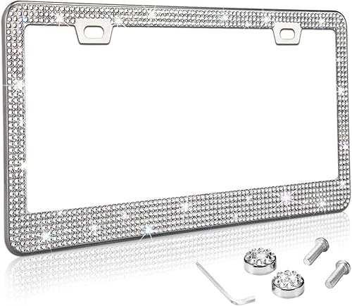 Tzarrot marco de matrícula para mujer y hombre, de metal que no se oxida, diseño con diamantes de imitación, borde fino, accesorio para auto