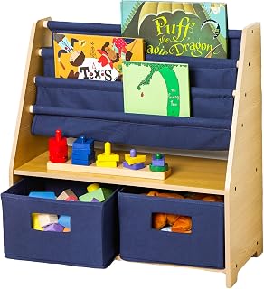 Wildkin Kids Canvas Sling Bookshelf with Storage for Boys and Girls, Wooden Design Features Four Shelves and Two Drawers, Helps Keep Bedrooms, Playrooms, and Classrooms Organized (Natural with Blue)