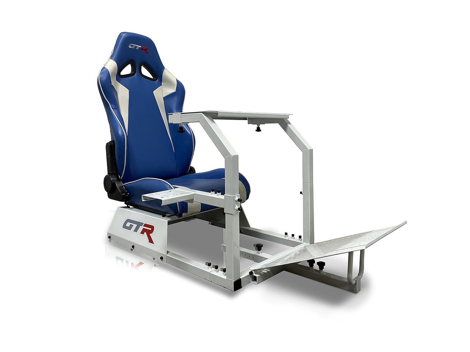 GTR Simulator GTA Model White Frame with Adjustable Blue White Leatherette Racing Seat Racing Driving Gaming Simulator Cockpit Chair GTR Simulator GTA Model White Frame with Adjustable Blue White Leatherette Racing Seat Racing Driving Gaming Simulator Cockpit Chair