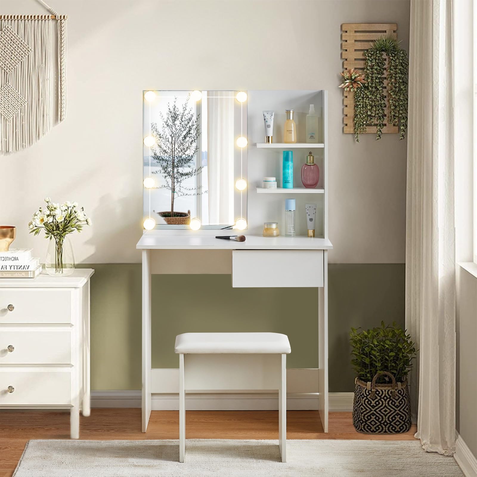 CLIPOP Tavolo Da Toeletta Con Specchio Illuminato A LED, 3 Colori E Luminosità Regolabile, Con 2 Cassetti E Sgabello Imbottito, Bianco, 80x40x140 Cm
