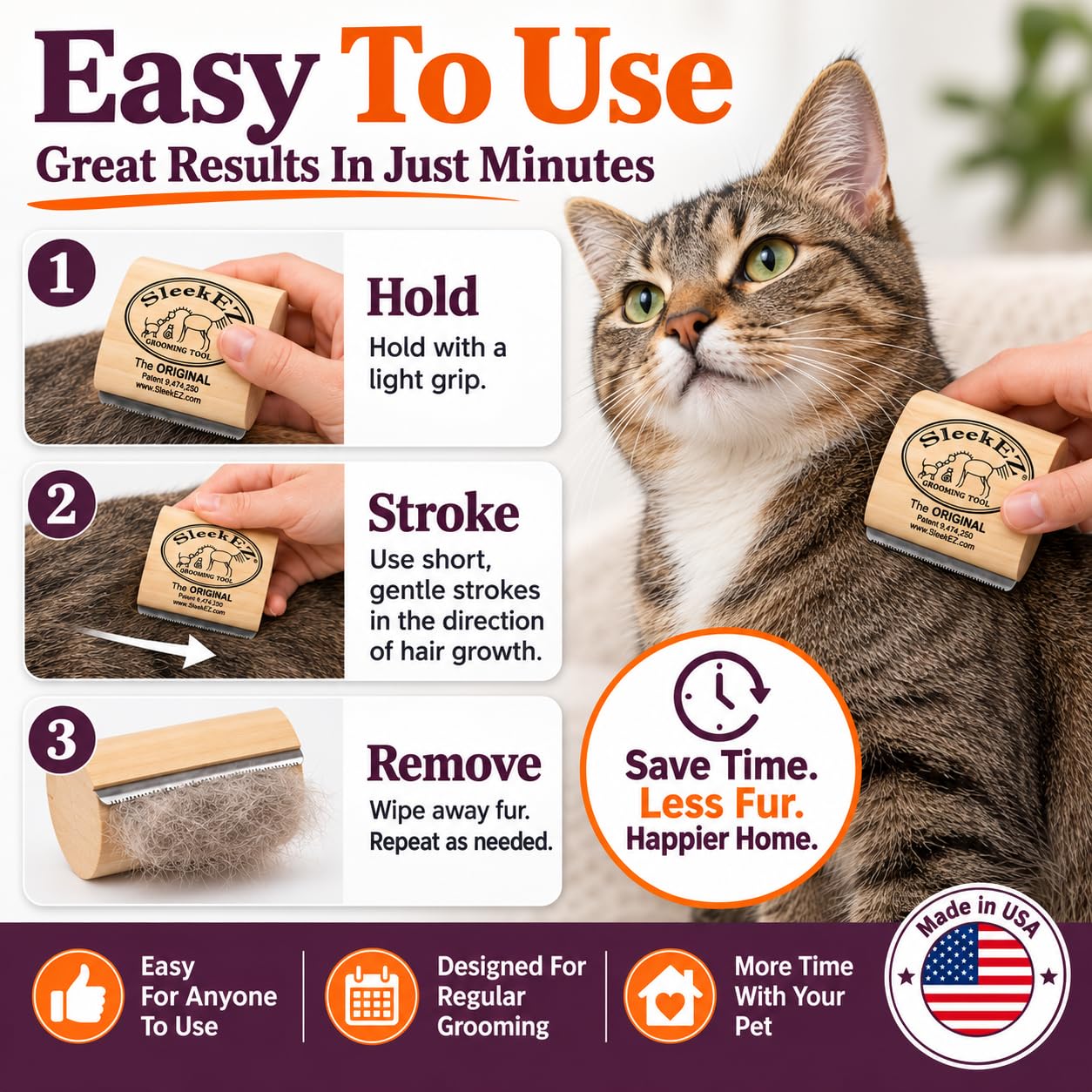 SleekEZ Cat Brush for Shedding - Deshedding Brush for Cats - Patented Grooming Tool for Removing Loose Fur, Undercoat & Hair - Made in USA - Works on Short, Medium & Long Coats