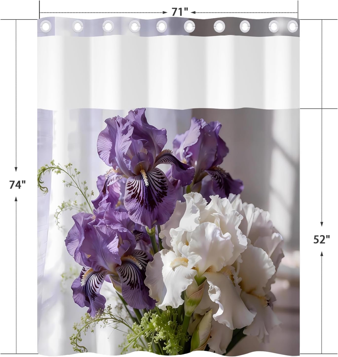 No Hook Iris Floral Shower Curtain with Snap in Liner, 71x74 Inch, Purple White Iris Flower Botanical Bath Curtain with Mesh Top Window, Waterproof Fabric