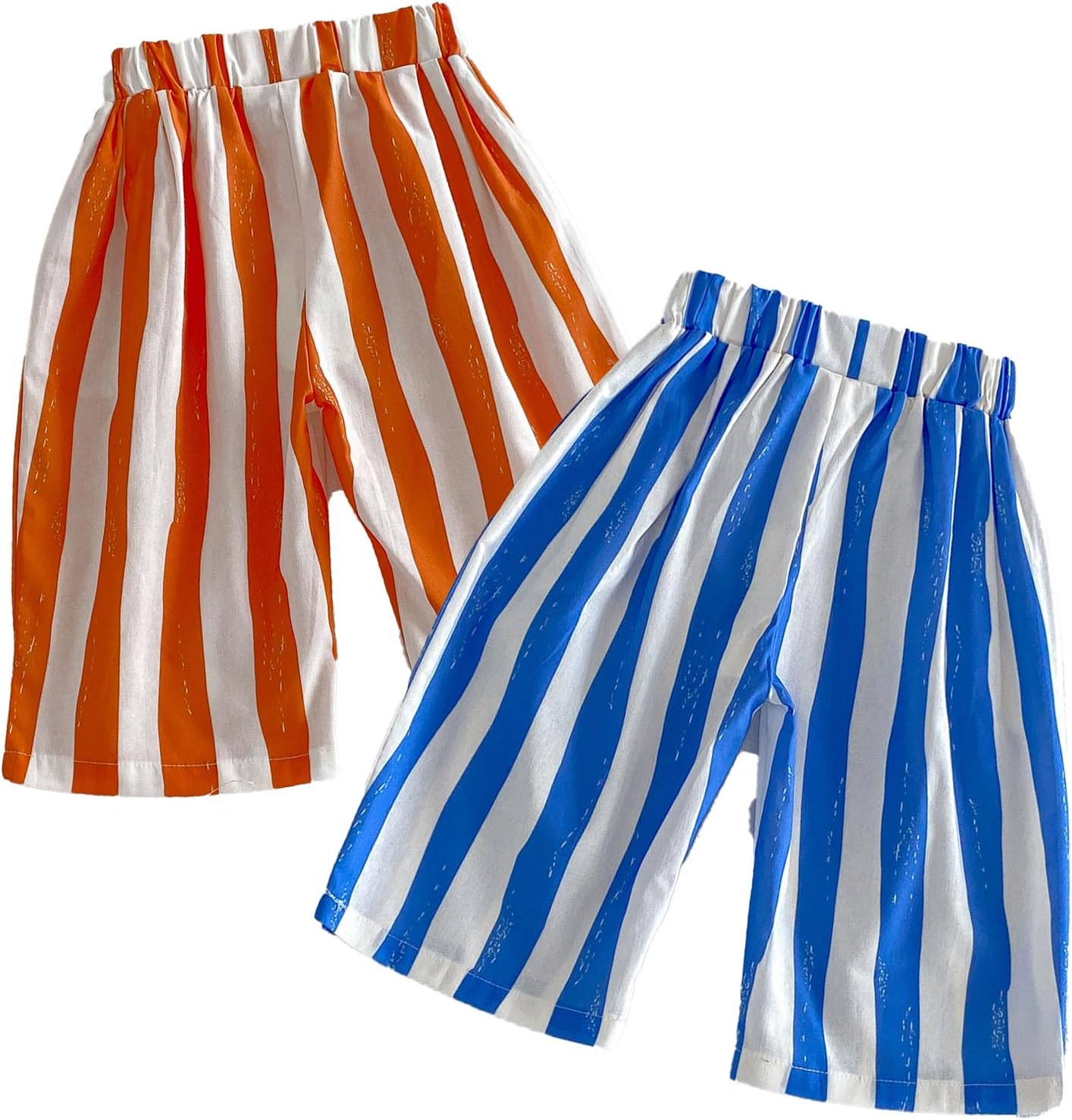 Boys' Summer Shorts Kids Wave Striped Capri Pants Loose 3/4 Long Shorts Elastics Waist Harem Casual Trousers 2Pcs