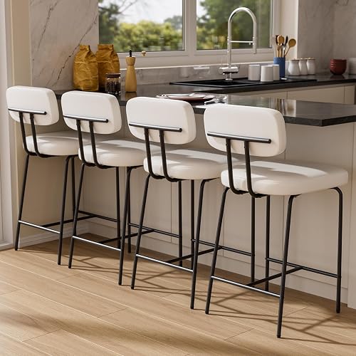 GXJ Bar Stools Set of 4, Kitchen Counter stools with Backs and Metal Legs, 26 inch Barstools for Counter Height, Leather in White