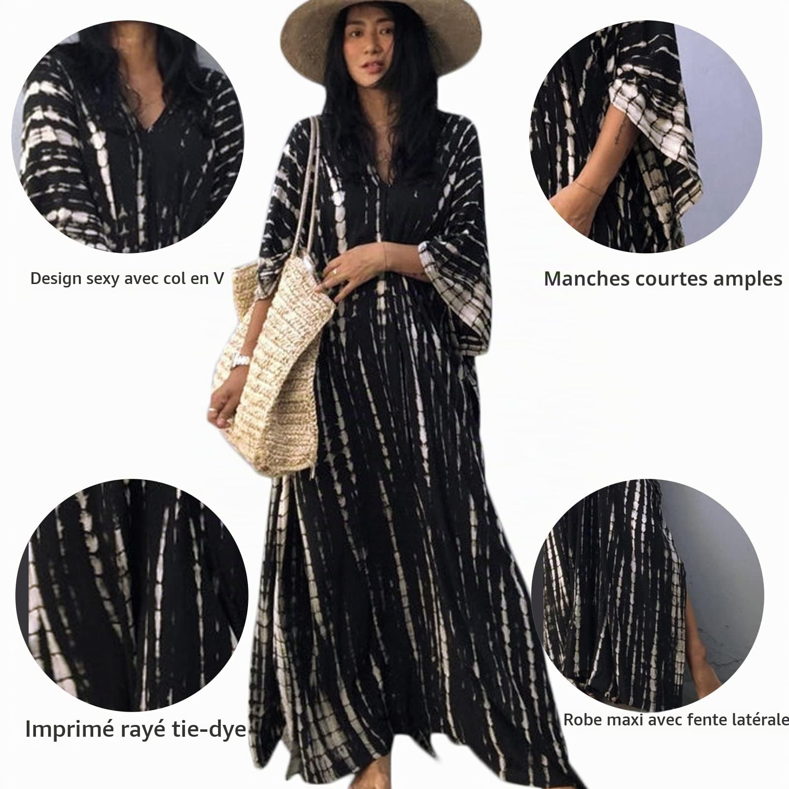 Femmes Robe de Plage Femme Longue Boheme Robe Maxi Fleur Kimono Bikini Cover-Up, Caftan Kaftan Pareos, Taille Unique