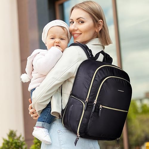 Miniatura 7 de mommore Mochila para pañales, mochila para extractor de leche, bolsa enfriadora para mamá para trabajar al aire libre, Negro -, Elegante mochila de