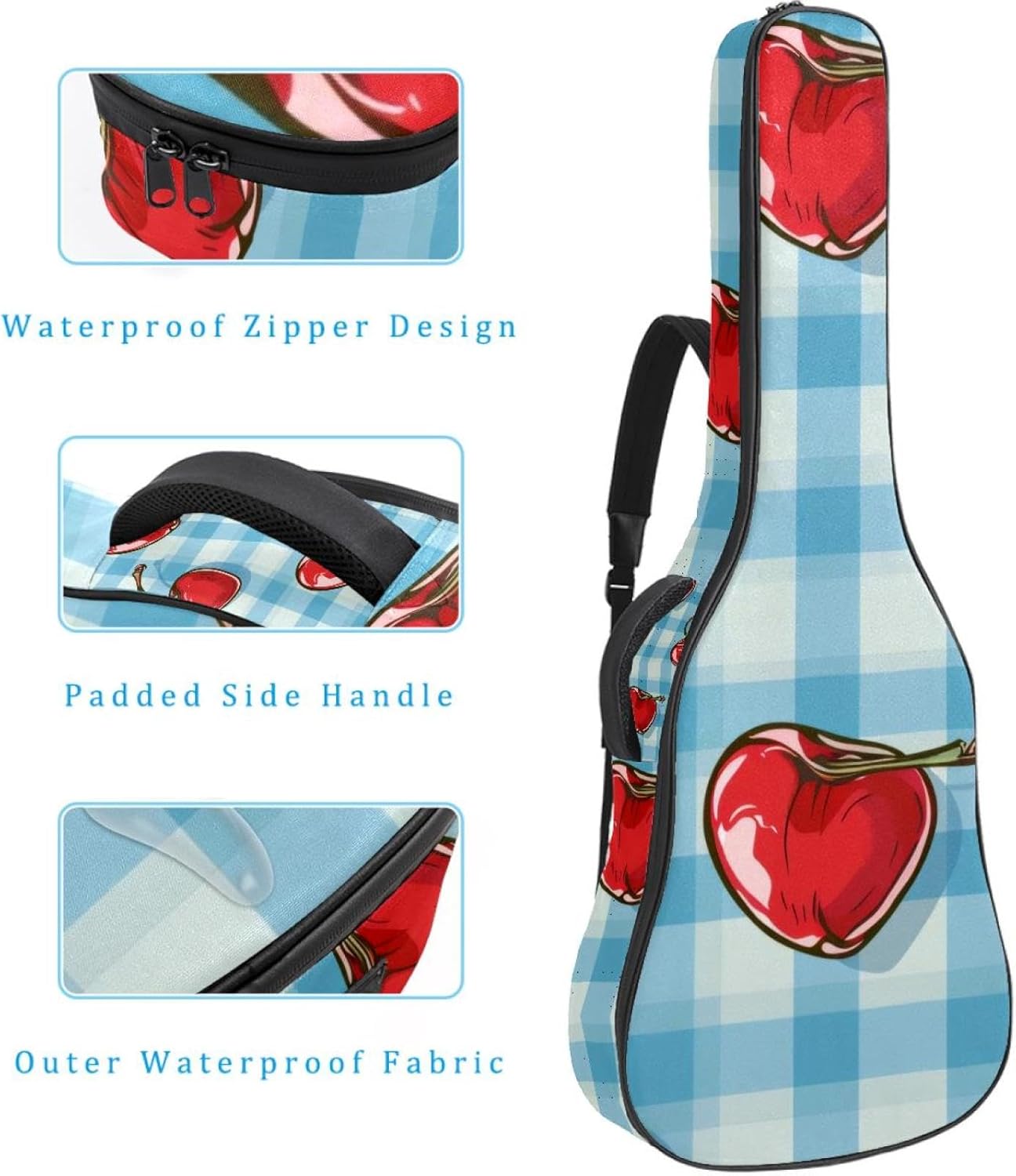 Acoustic Guitar Bag 0.4 Inch Thick Padding Waterproof Guitar Case Gig Bag for 40 41 42 Inch Electric Bass Classical Guitar, Cute Cherry on Blue Plaid Background