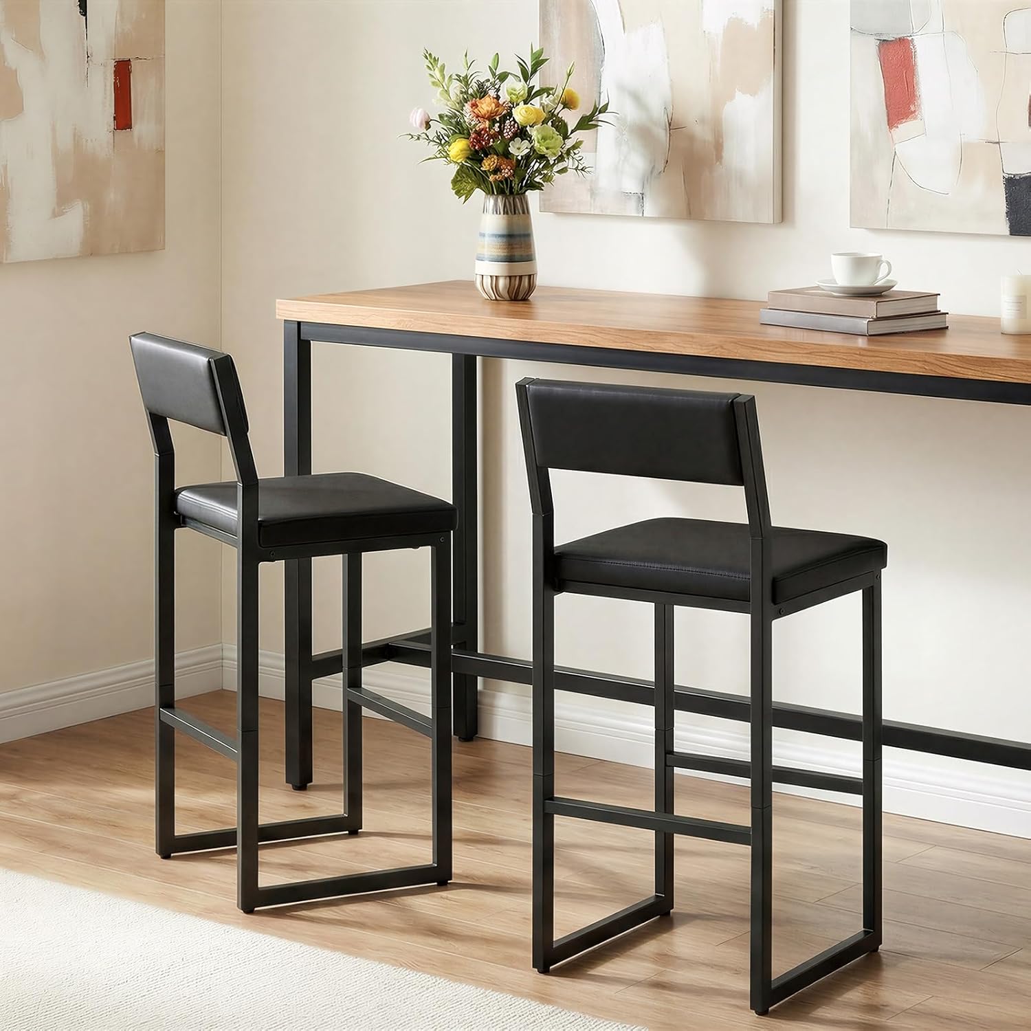 Bar Stools, Set of 2 Bar Chairs with Backrest and Footrest, 26" PU Leather Counter Height Barstools, PU Cushioned Seat, Metal Frame, for Kitchen, Dining Room, Home Bar, Black BABK11R01