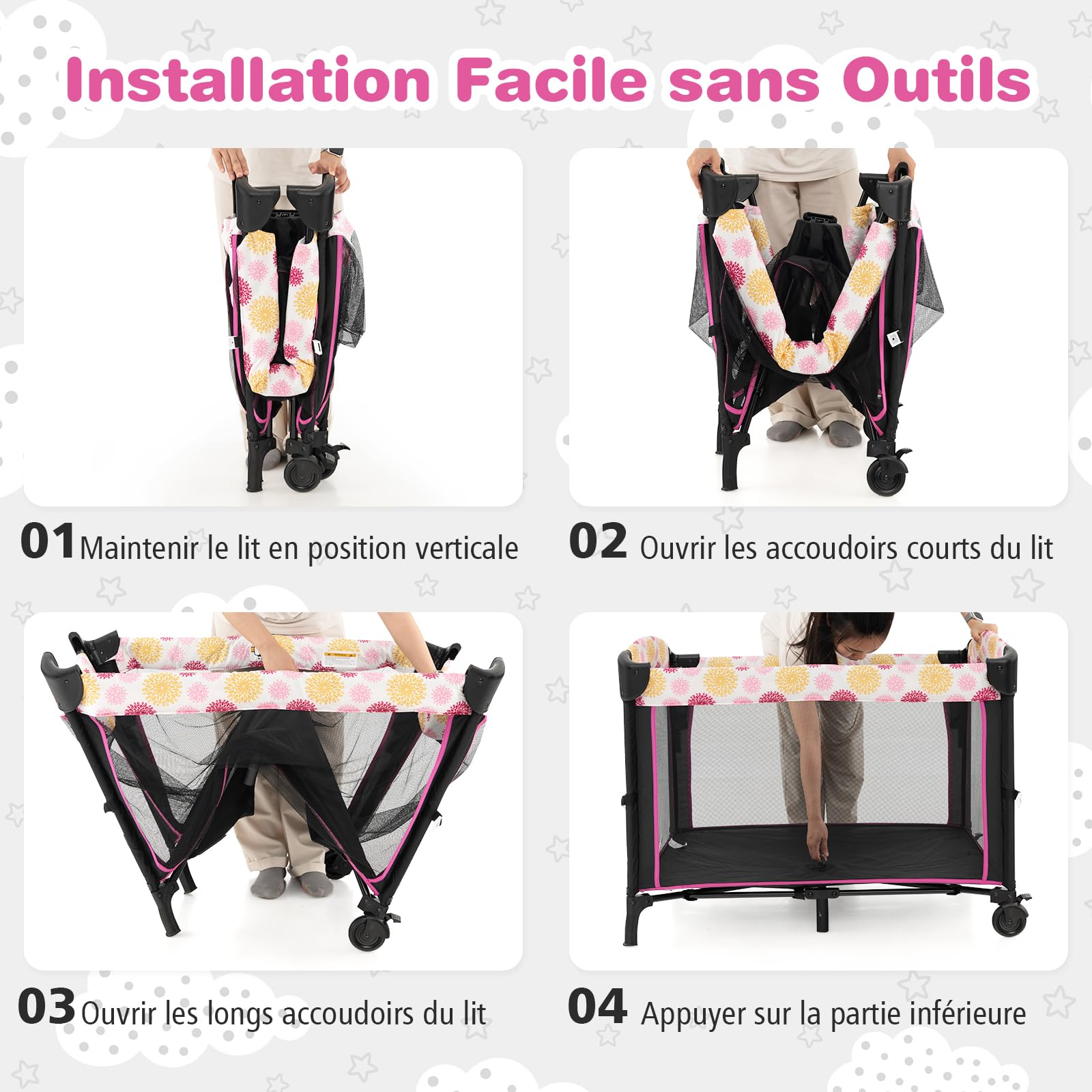 DREAMADE Lit Parapluie Bébé 4 en 1 107x72x119 cm Cododo avec Table à Lange & Matelas Noir+Rose