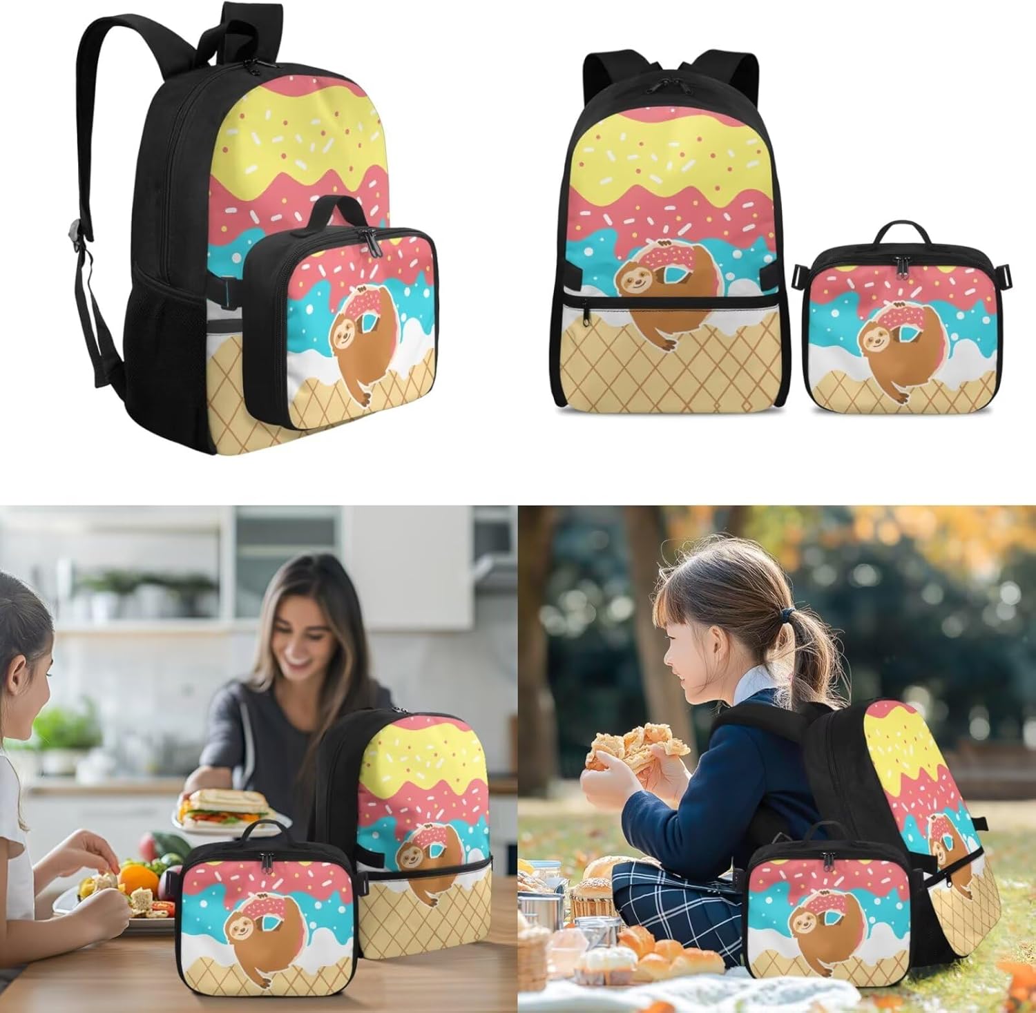 Sloth Cartoon Kids Backpacks School Bag and Insulated Lunch Bag Lightweight Set with Pencil Case Lunch Tote Portable for Home Work Sport School