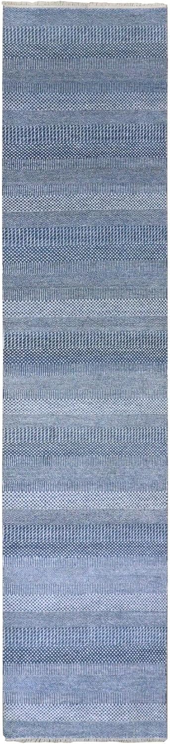 Penn Blue Modern Grass Design Soft Pile Dense Weave Tone on Tone Dyed Wool and Silk Hand Knotted Runner Oriental Rug (2'7"x12')