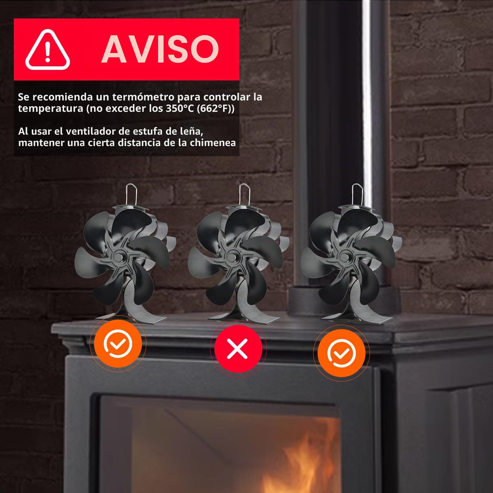 Ventilador Poele de madera,Ventilador de Poele de 6 hojas, Ventilador de estufa de leña Ecológico y de bajo consumo de energía, Funcionamiento silencioso
