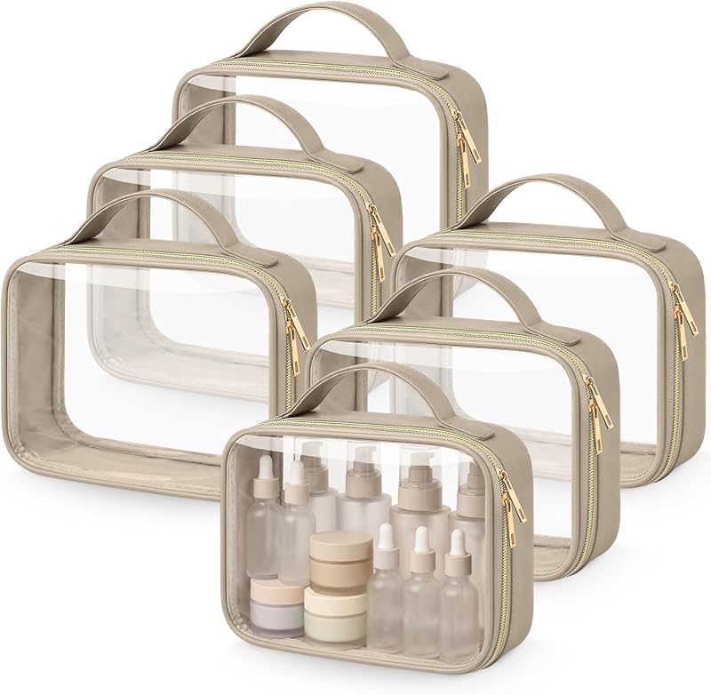 Abbylike Kit com 6 Necessaires Transparentes para Cosméticos em PU e PVC, Fechamento com Zíper e Alça, 20,07 x 15 x 6,1 cm, Kahaki