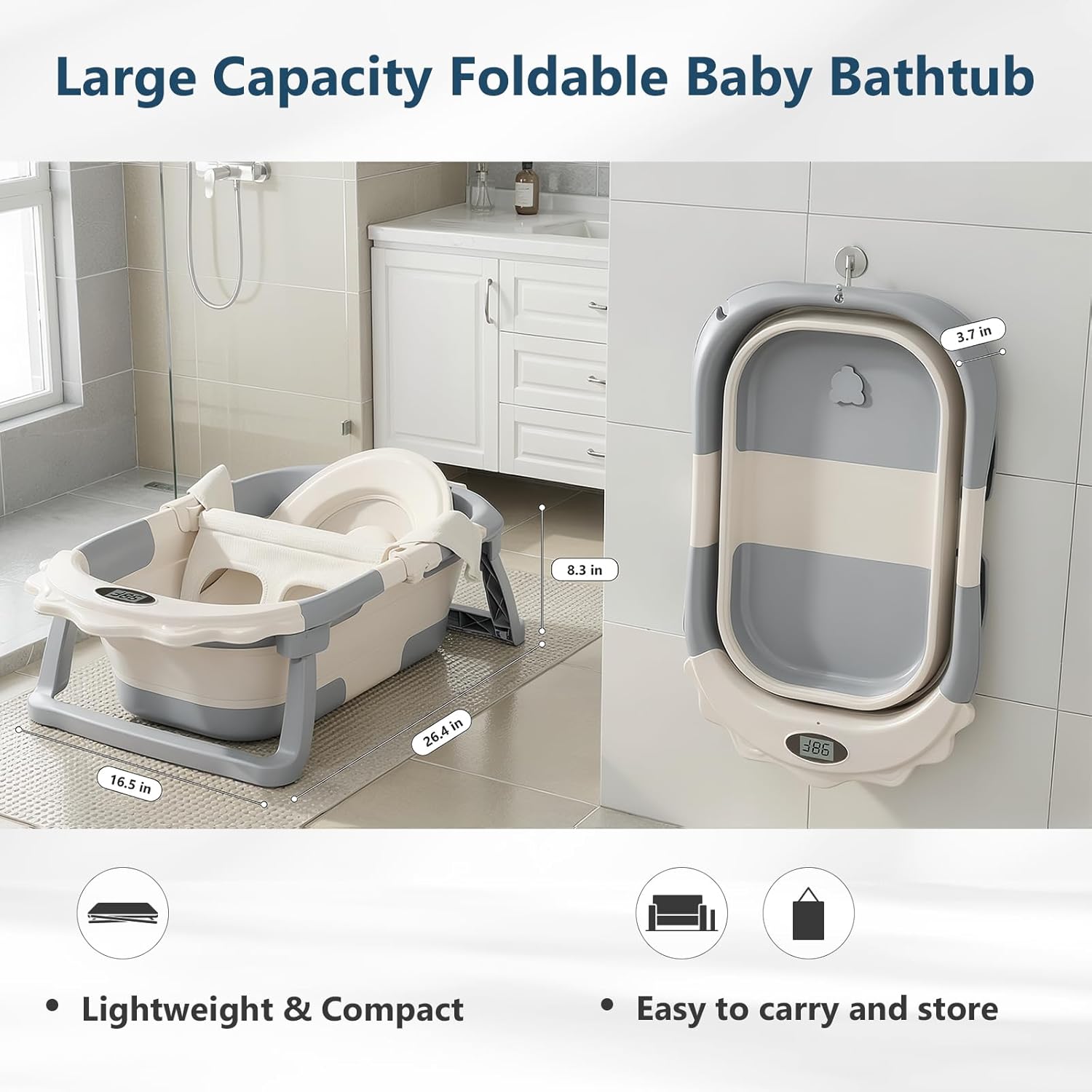 MoreFeel Foldable Baby Bathtub with Thermometer - 4-in-1 Grow-with-Me Collapsible Infant Tub (Newborn to Toddler) with Adjustable Mesh Sling - Space Saving Design