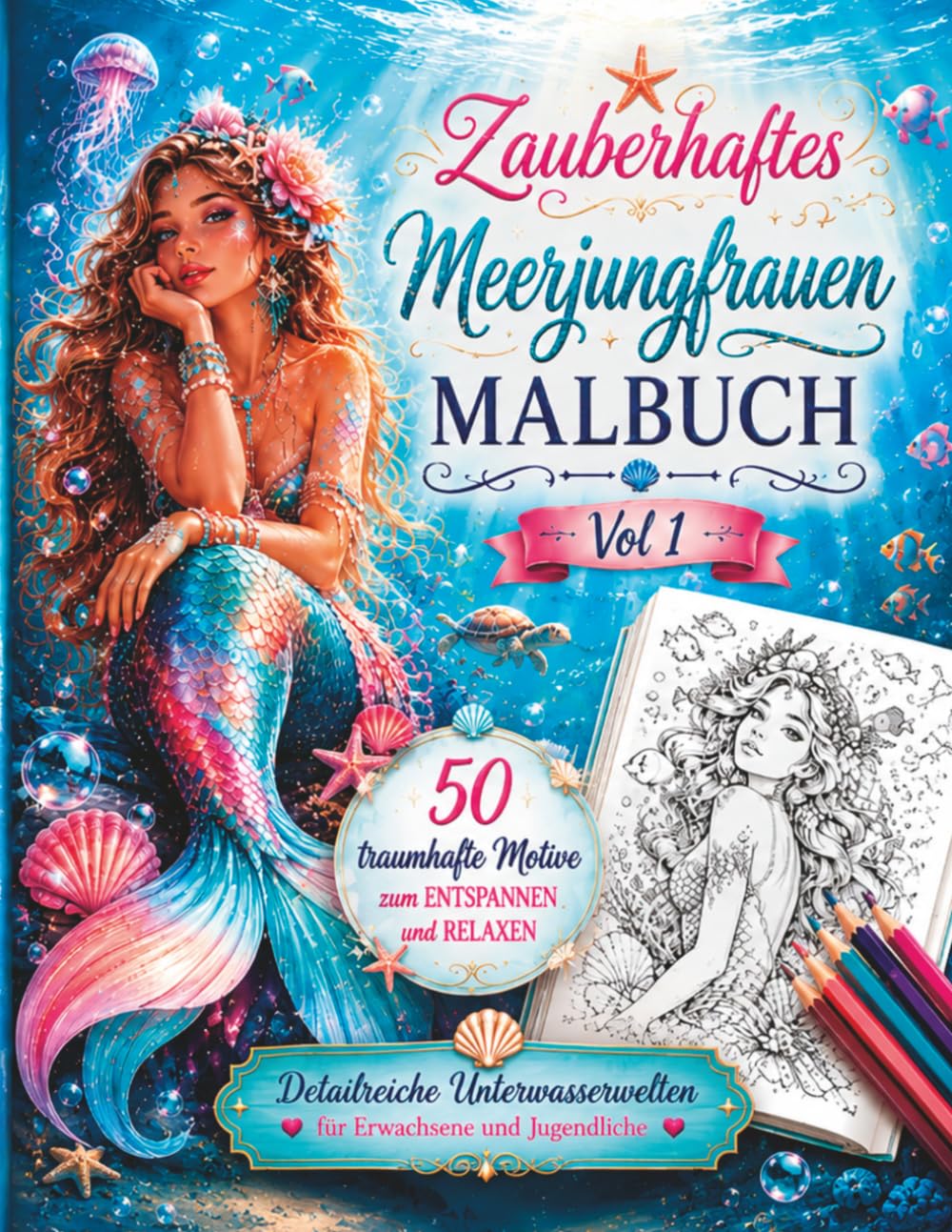 Zauberhaftes Meerjungfrauen MALBUCH: 50 traumhafte Motive zum Entspannen und Relaxen – Detailreiche Unterwasserwelten für Erwachsene und Jugendliche - Vol 1