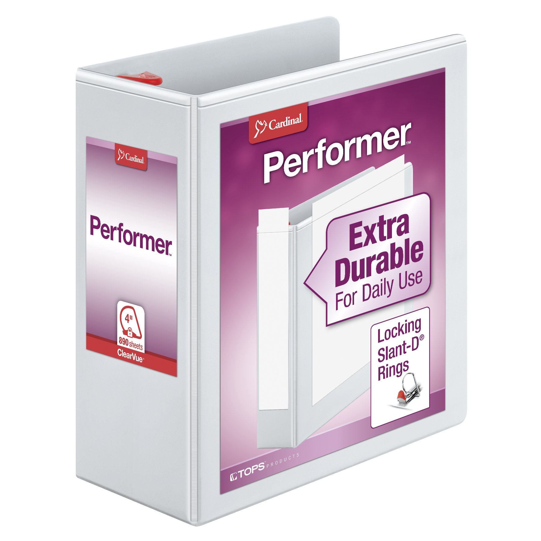 Cardinal Performer 3-Ring Binder, 4", Locking Slant-D Rings, 890-Sheet Capacity, ClearVue Presentation Binder, Nonstick, PVC-Free, White (19050)