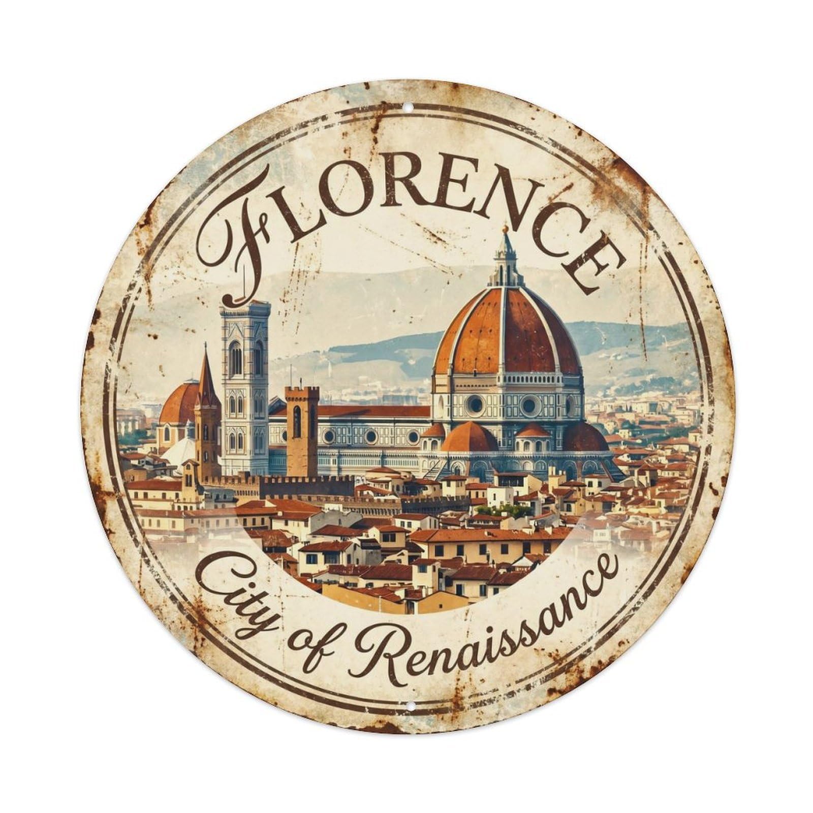 Vintage Travel Duomo Skyline Florence Metal Tin Sign Plaque Wall Decor for Cafe, Club, Garden Round Metal Poster 8x8Inch