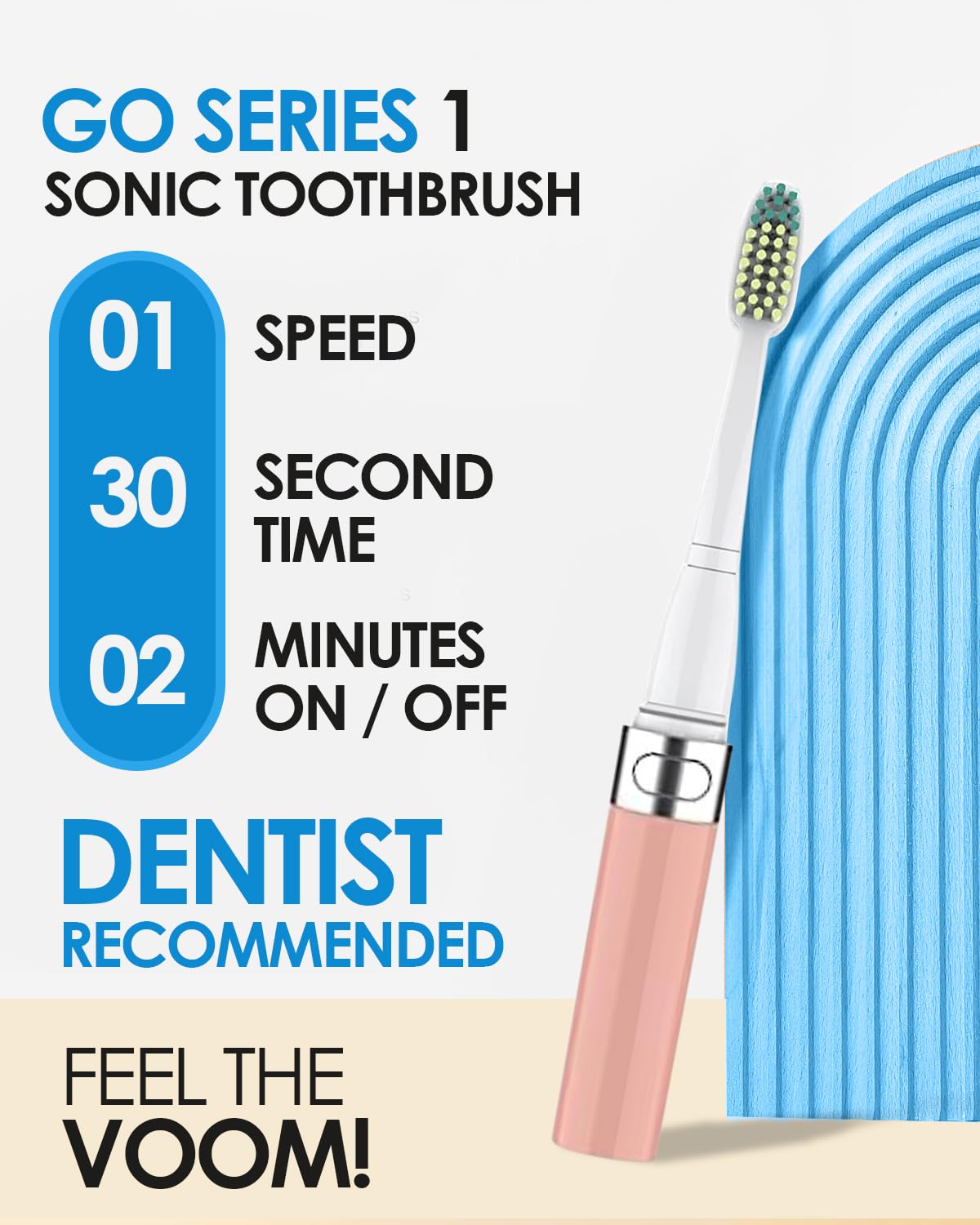 Voom Sonic Go 1 Series Travel Electric Toothbrush + 4PK Brush Heads, Travel Toothbrushes - Battery Operated Toothbrush for Adults & Kids, Portable with 2 Minute Timer (Pink)