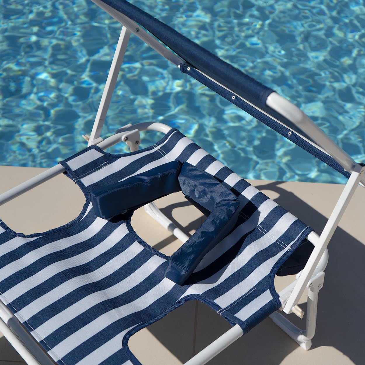 Flamingueo Krzesło plażowe, składany leżak, 5 pozycji, regulowany parasol UPF 50+, otwór na głowę i ramię, ergonomiczna poduszka - aluminium i poliester, niebieski