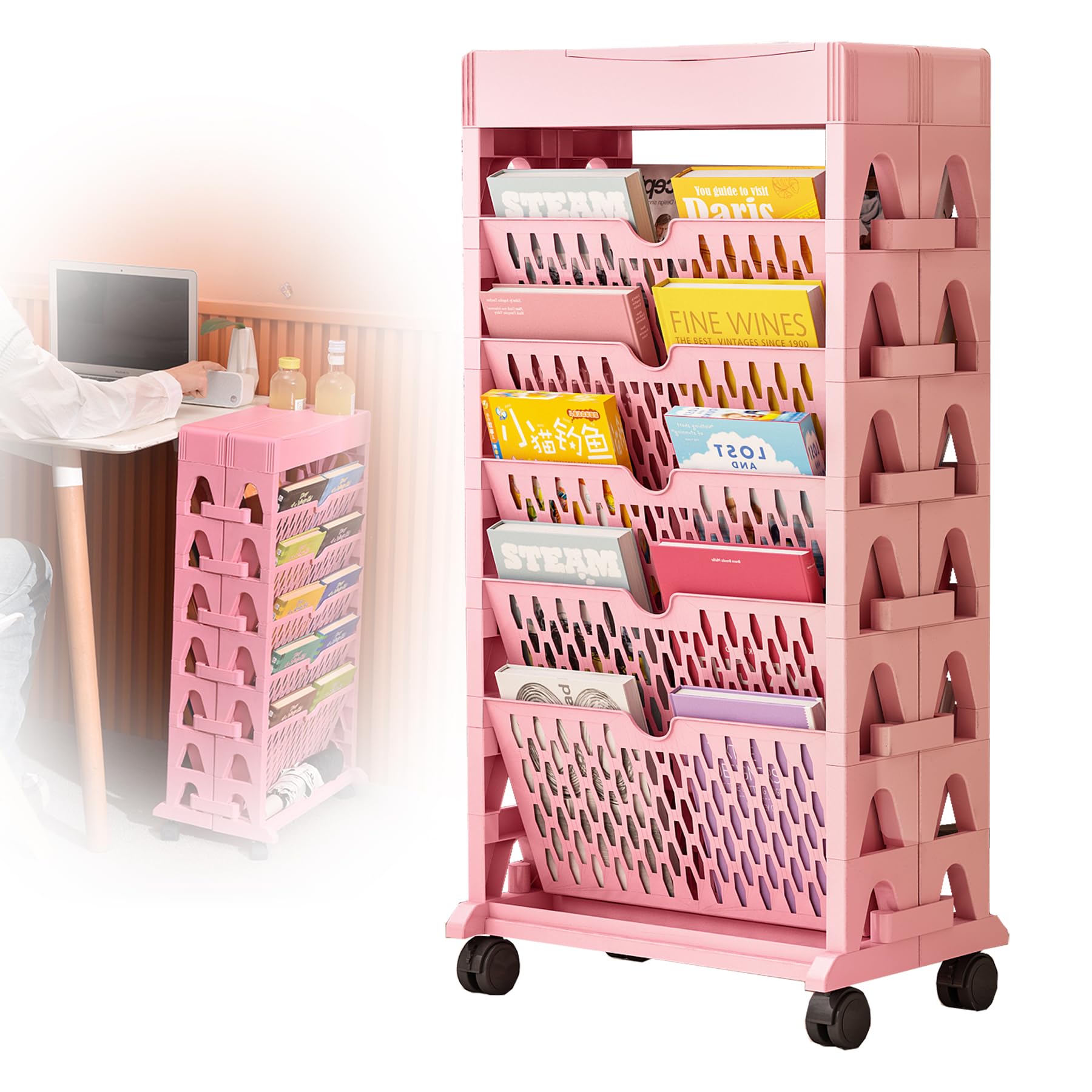 TUOYIBO Rolling Cart Organizer Mobile Book Shelf with Wheels Multi Tier Rolling Vertical Bookshelf,Movable Classroom Deskside Bookshelf,3single Without Wheel