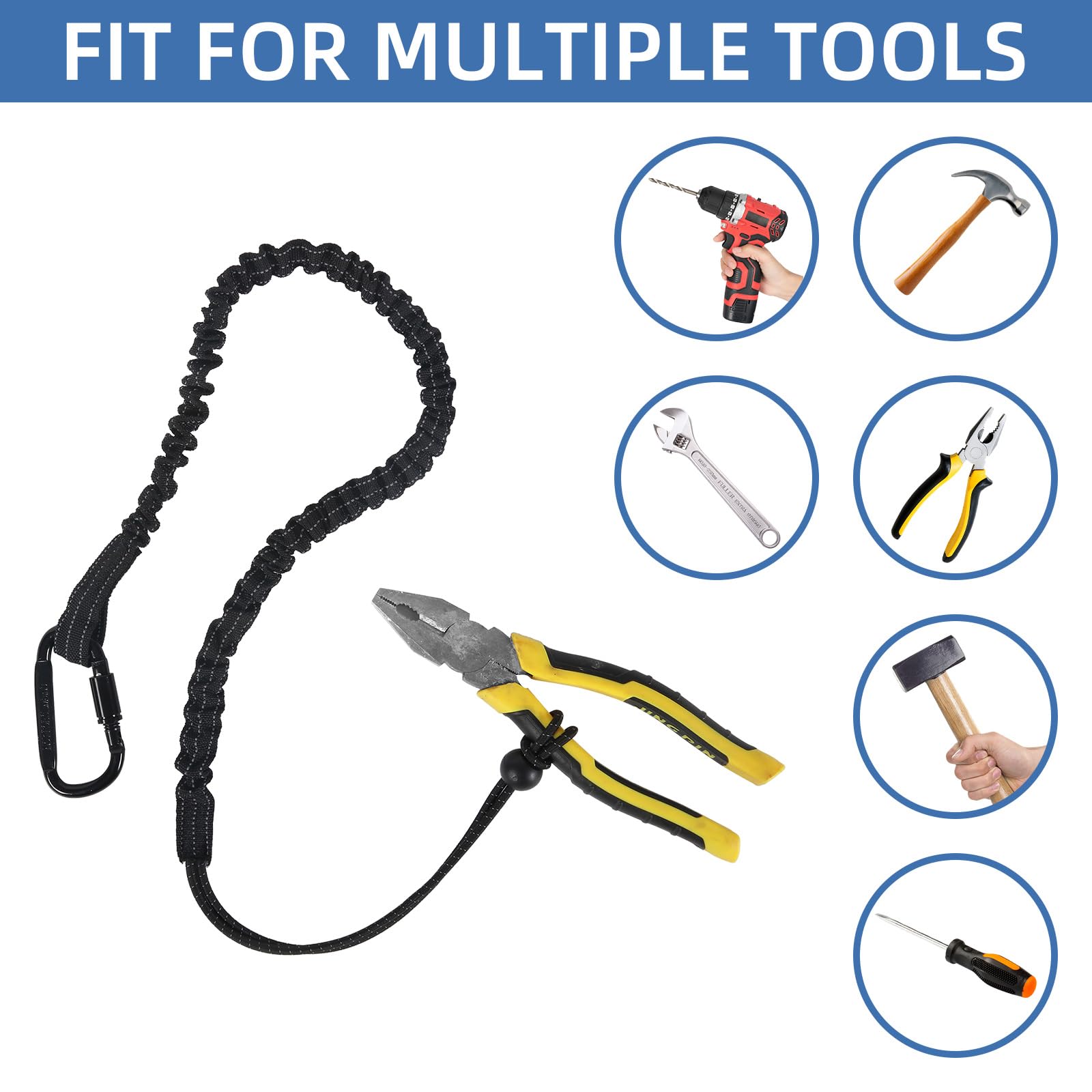Lot de 36 cordons d'outils avec mousqueton à vis et extrémité à boucle réglable, longueur extensible de 90 à 165 cm, sangle de protection contre les chutes, limite de poids maximum 9 kg / 19.8lbs