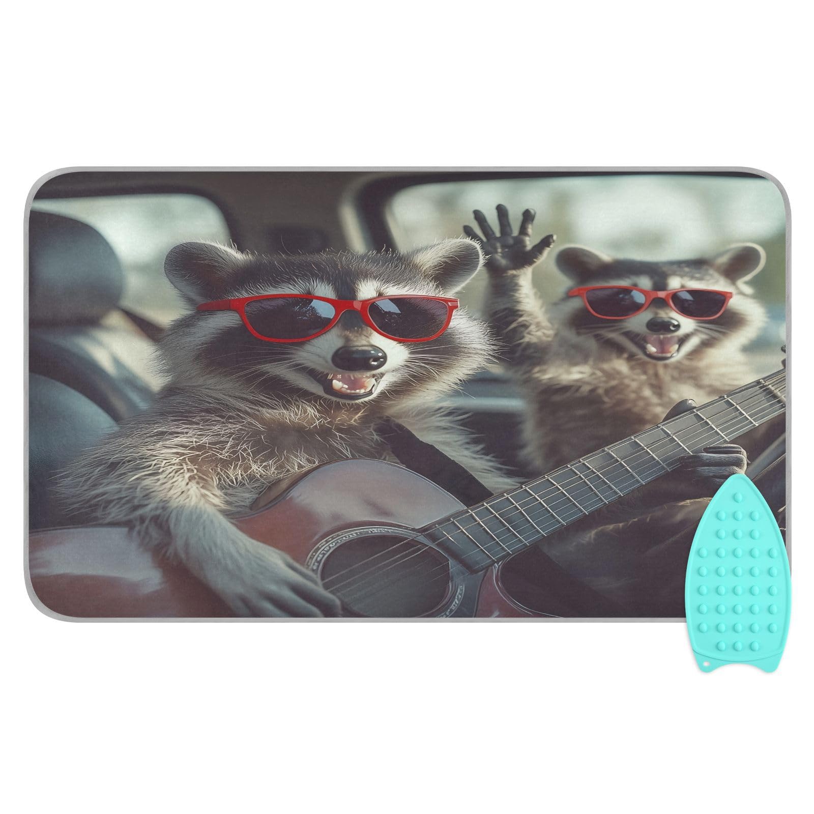 pnyoin Portable Ironing Mat Funny Raccoons with Glasses Travel Ironing Pad with Silicone Iron Rest for Steam Pressing on Tabletop or Bed Heat Resistant Portable Quilting & Travel Blanket