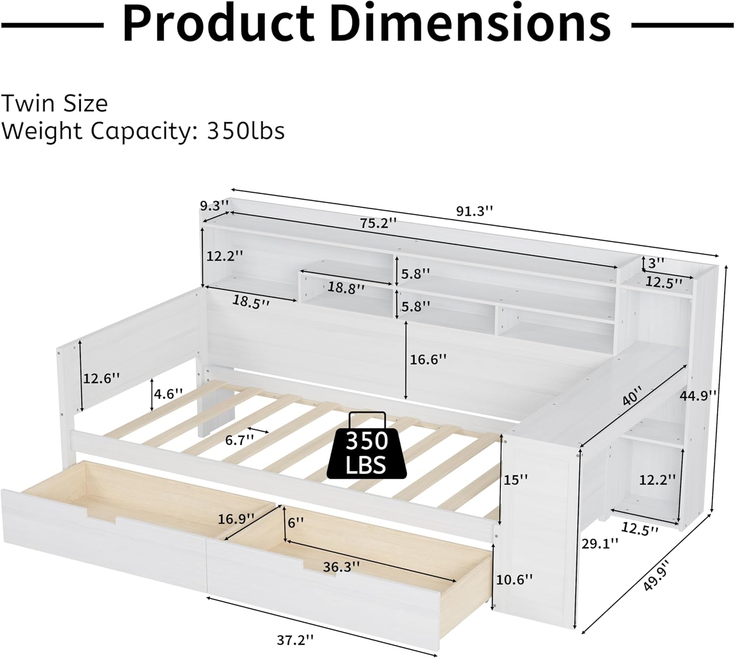 Twin Size Daybed with Drawers and Bookcase,Captains Bed with 3-Layers Storage Shelves,Wooden Sofa Day Bed Frame,Integrated Study Desk for Kids Adults-Antique White