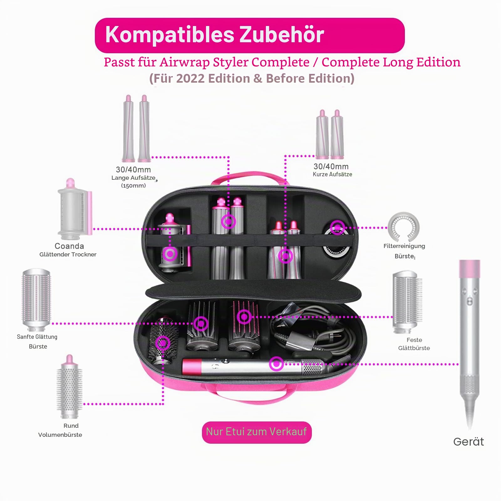 RLSOCO Hartschalen-Schutzhülle für Dyson Airwrap Complete Long/Complete Styler HS05 HS01 – passend für 4 Lange oder Kurze Fässer, Pink (nur Hülle, Haarstyler ist Nicht im Lieferumfang enthalten)
