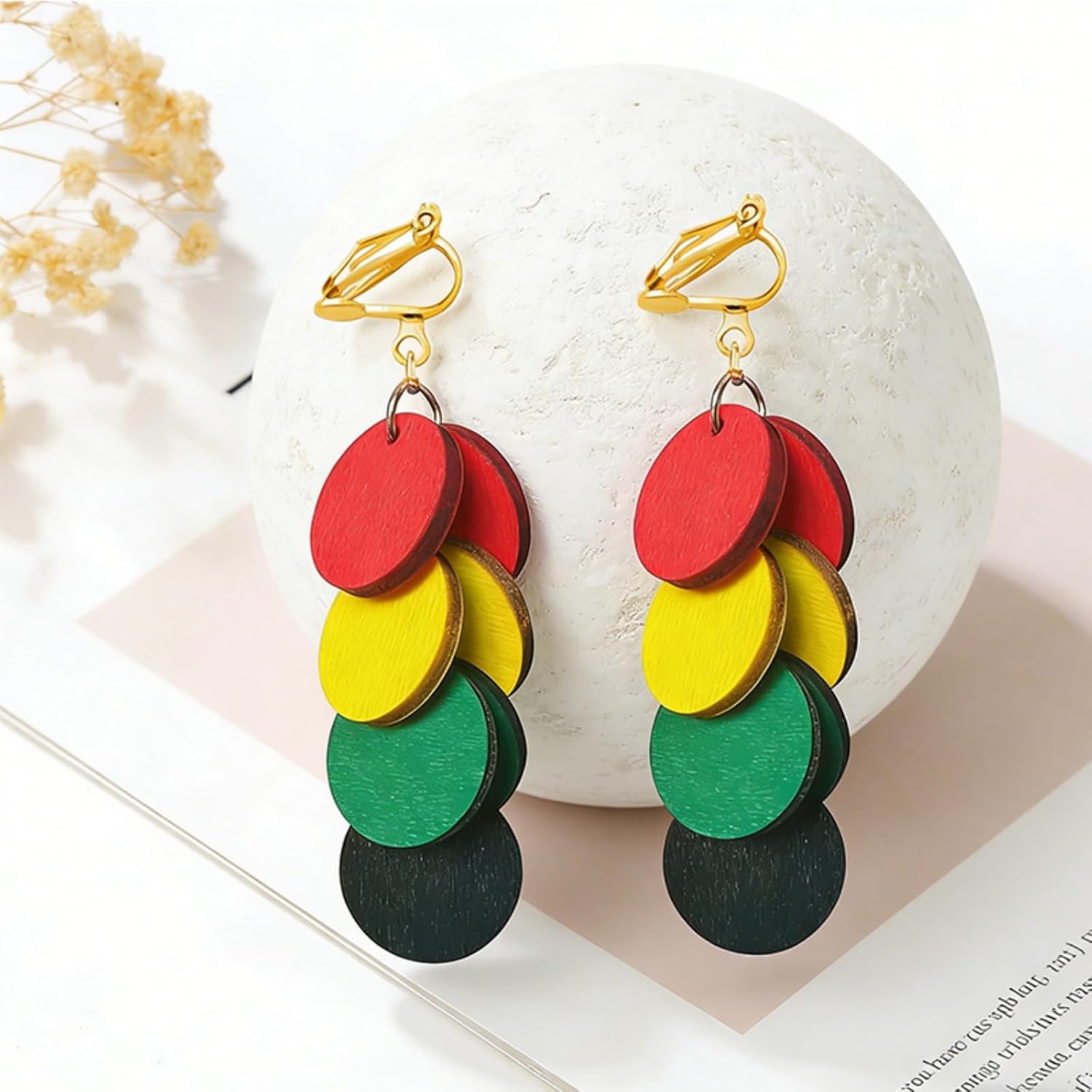 Juneteenth Clip on Earrings for Women Bohemian Multilayer Colorful Wooden Drop Earring Black History Month Ethnic Jewelry Gifts