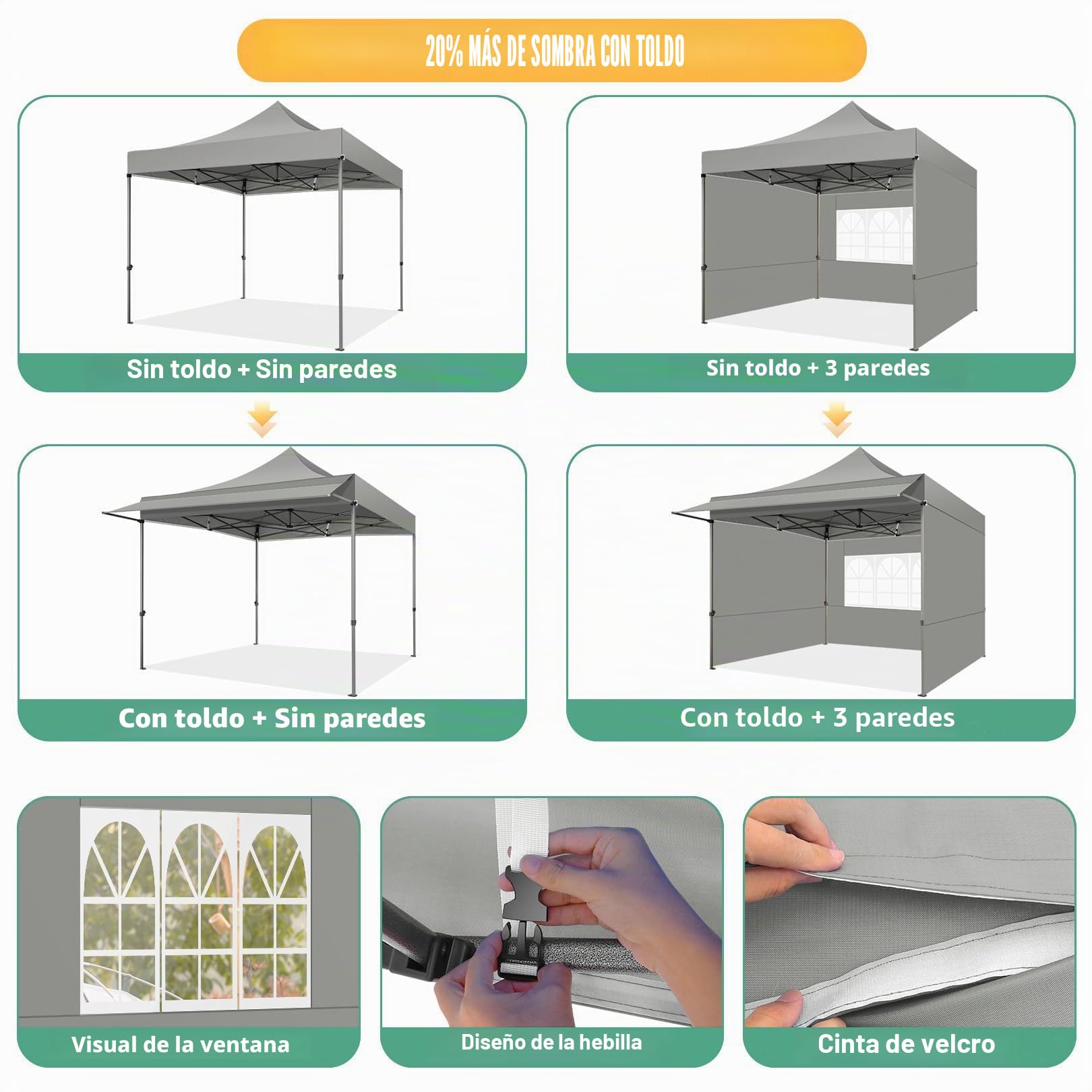 COBIZI Carpa Plegable 3x3M con Toldo y Paredes Desmontables,Gris | Cenadores para Jardin 3x3 UV50+ Carpas de Camping Impermeables para Exteriores Jardin Playa Camping Fiestas