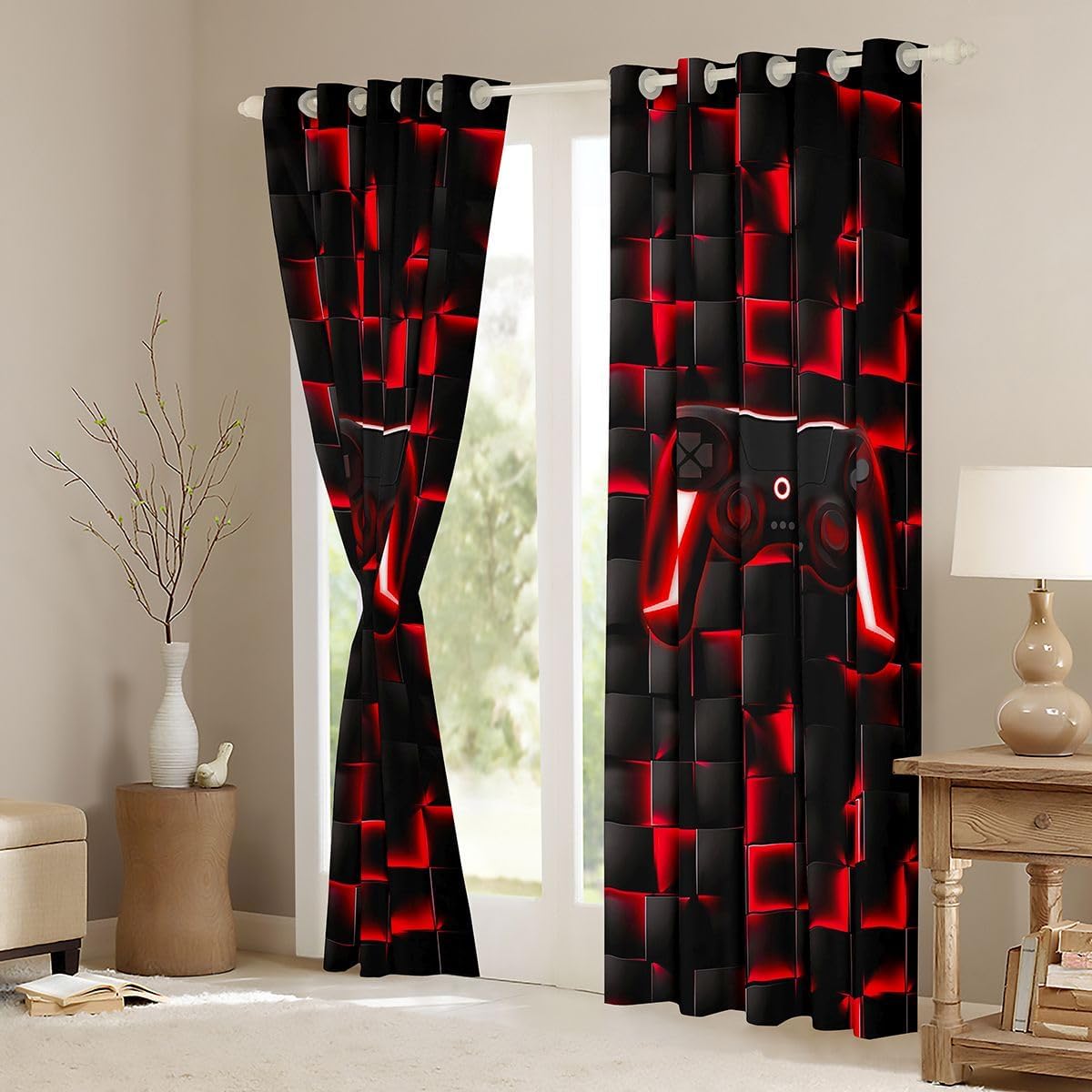 Erosebridal Gamer Curtains for Boys Room,Black Red Gaming Kids Blackout Curtains,Neon Video Game Console 50% Darkening Drapes,Cool Checkered Gamepad Grommets Window Treatment 2 Panels 42" Wx63 L