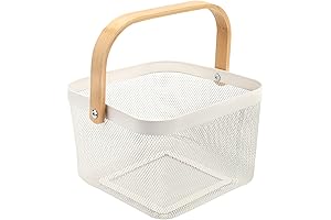 Yopay Mesh Steel Fruit Basket Bin with Wood Handle - Farmhouse Harvest Gardening Basket