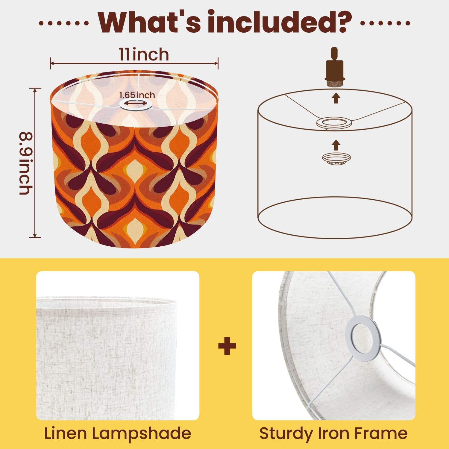 Drum Lamp Shade 70s Retro Vintage Mid Century Modern Seamless Pattern Lampshade for Floor Lamps Table Lamps Pendant Light 8.9"x11" Linen Lampshades Replacement Large Lamp Shade