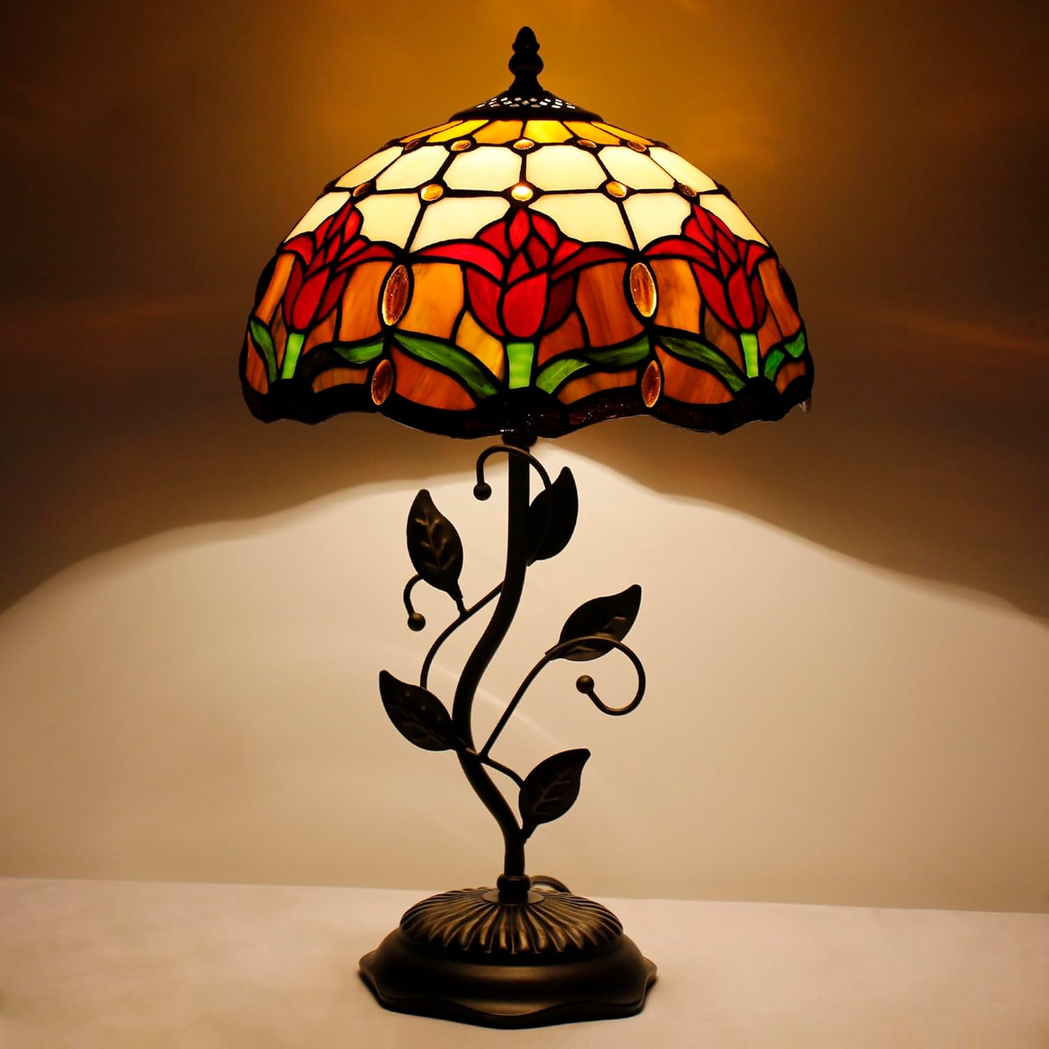 Tiffany Lamp Stained Glass Table Lamp Red Amber Tulip Style 12×12×19 Inches Desk Reading Light Home Decor Gift