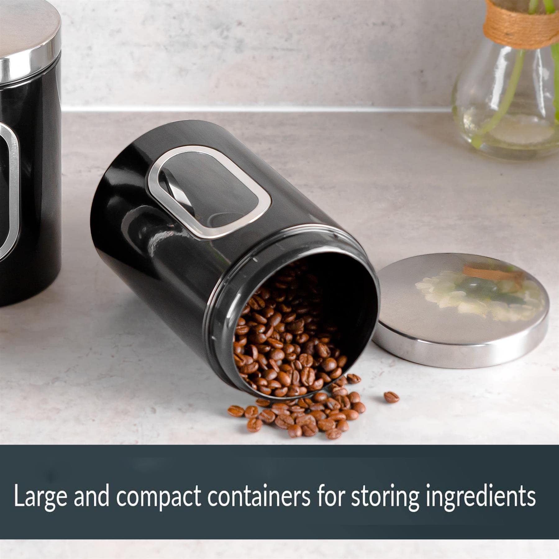 3 pezzi di cereali grossolani da cucina, tè, zucchero, barattoli per conservare freschi chicchi di caffè, barattoli sigillati in acciaio inox, kit nero