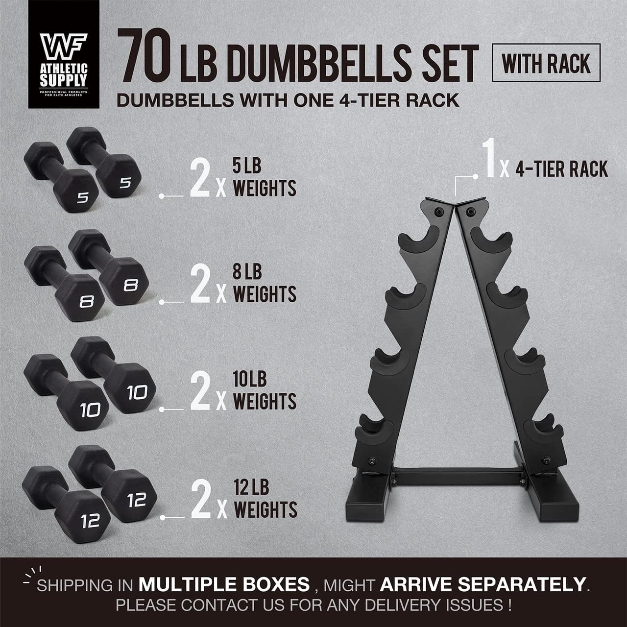 WF Athletic Supply Black Neoprene Dumbbell Set, Non-Slip & Hex Shape, Great for Muscle Toning, Strength Building & Weight Loss; Sizes, Dumbbells Only & w/Rack Options Available