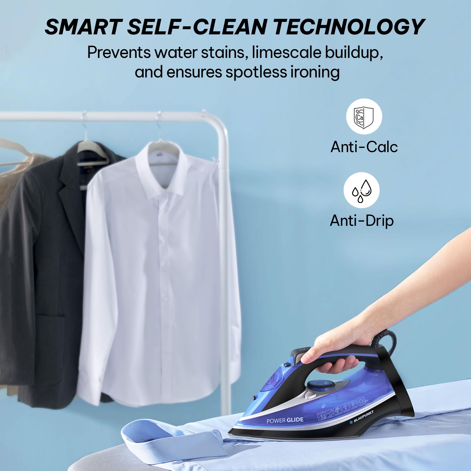 Blaupunkt Steam Iron 3100W – Ceramic Soleplate, Auto Shut-Off, Anti-Calc, Anti-Drip, Self-Clean Function, 380ml Tank, 2.5m Cord, 45g/min Continuous Steam for Tough Wrinkles