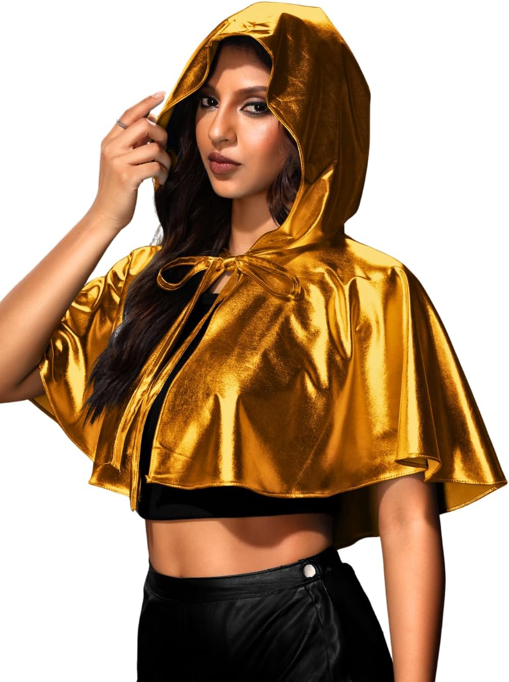EHSUYAB Women's Metallic Cowl Hood Cape, Hooded Cloak Rave Accessories Concert Outfits, Festival Cosplay Halloween Costume