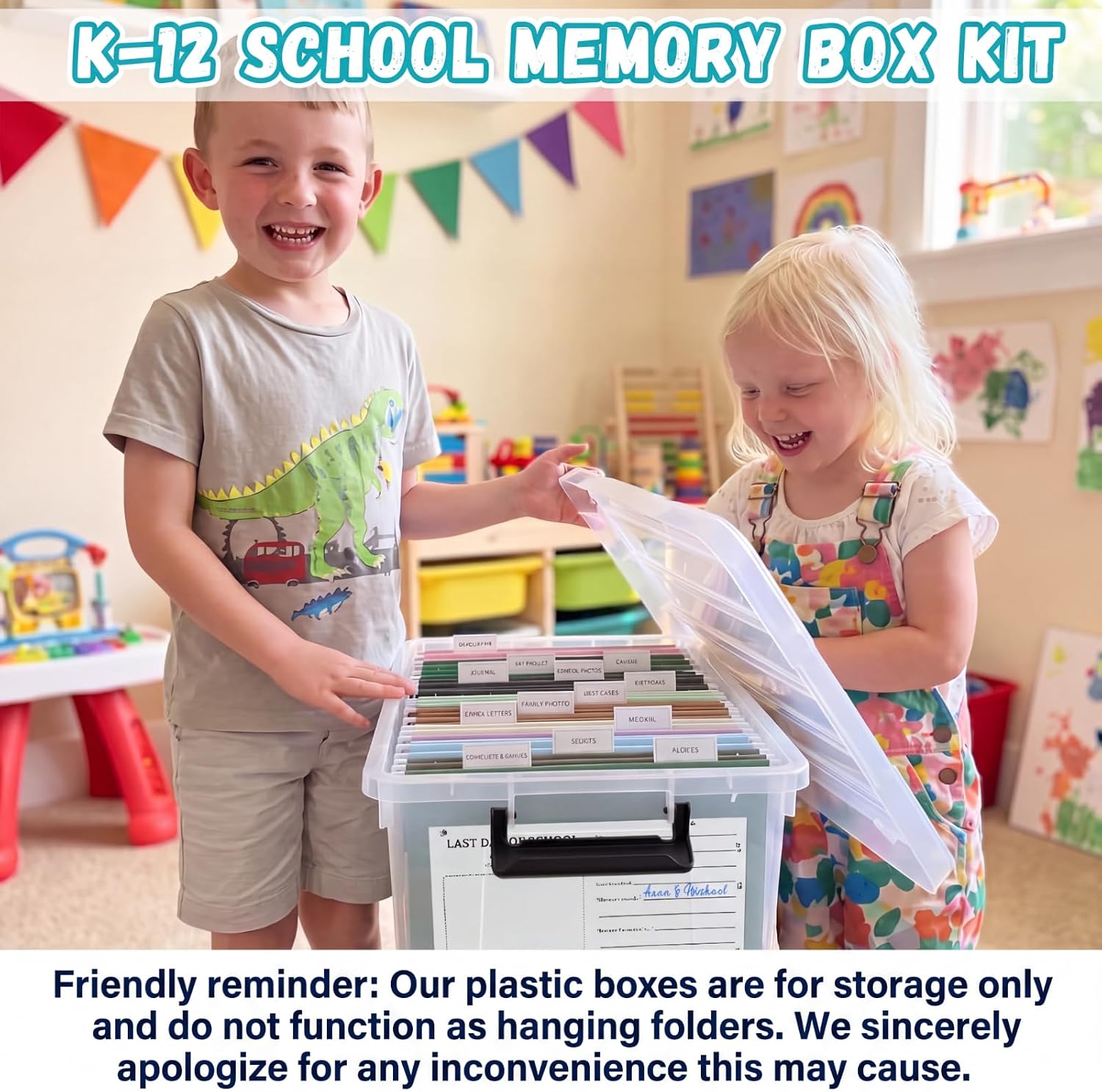 School Memory Box Organizer K-12 Memory Book School Years Keepsake Organizer with 24 Different Stages Memorys Questionnaires 24 Colored File Folders 2 Labels for Kids Storage Pictures File Keeper