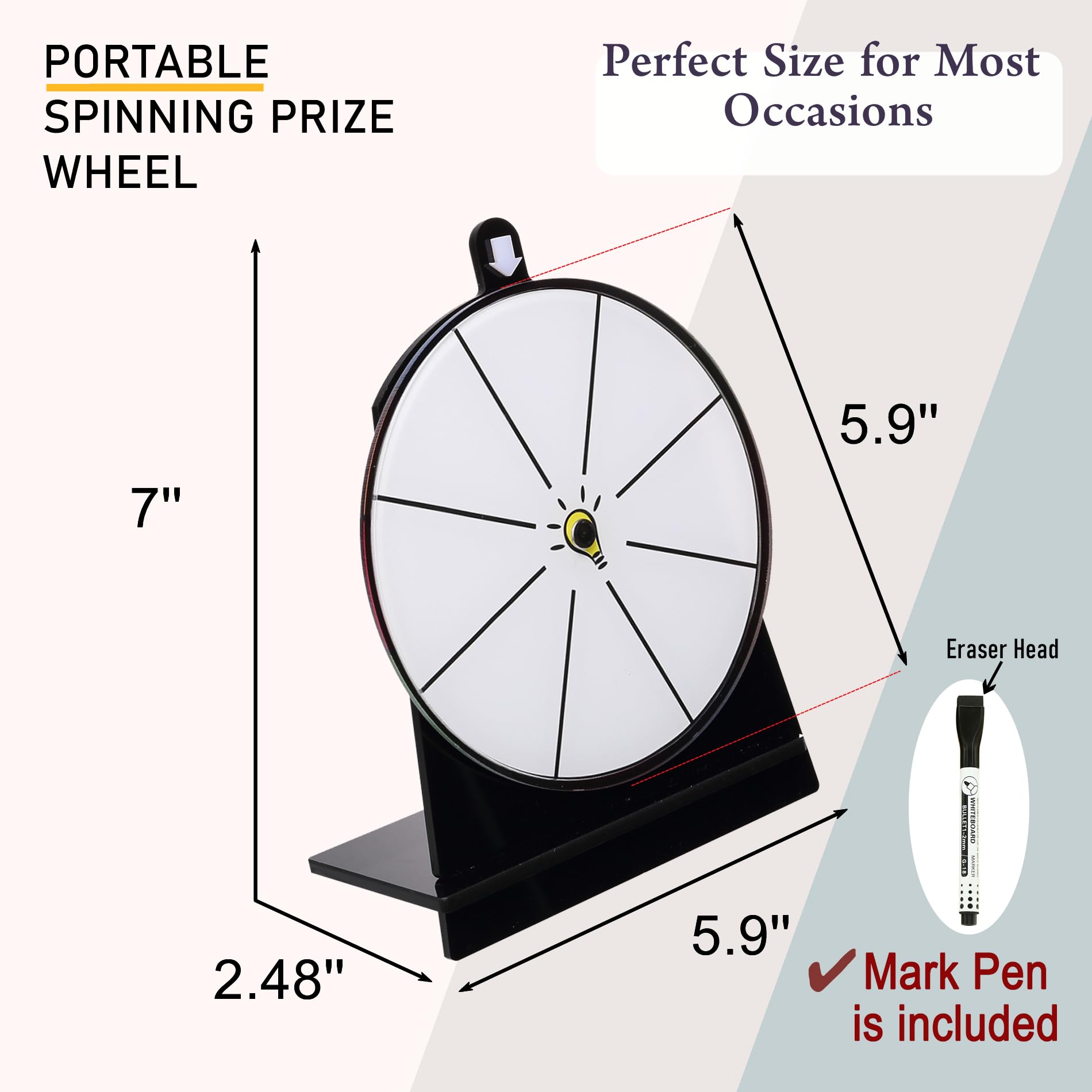 iobiotio Spinning Prize Wheel, 6 inch Wheel-Spinning Wheel for Prizes with Stand, 6,8,10 Slots Color Small Tabletop Roulette Spinner, Easy Assembly and Erasable, Portable
