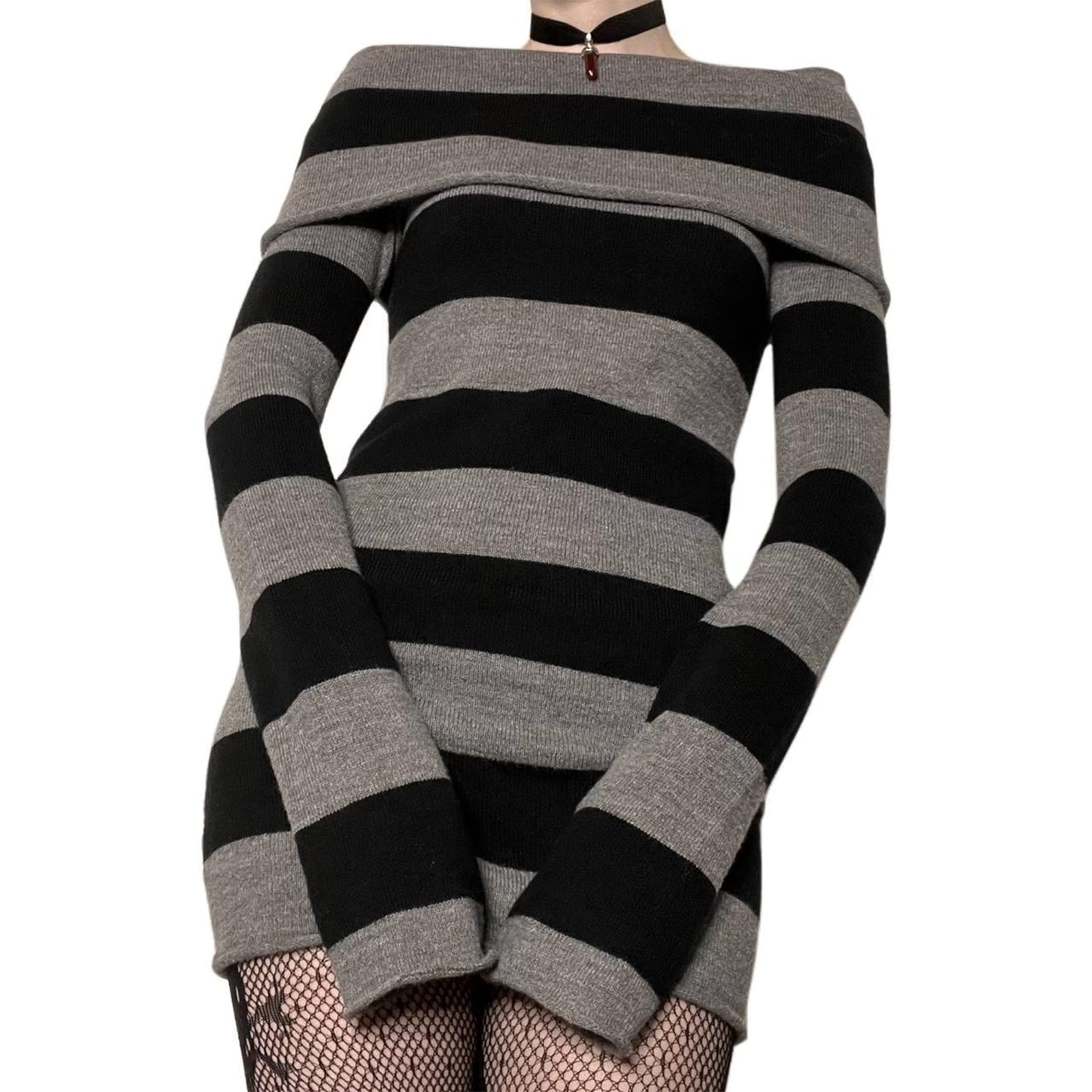 Mini abito gotico da donna con spalle scoperte estetiche a maniche lunghe a righe abito corto aderente sexy avvolgente a costine maglione abito