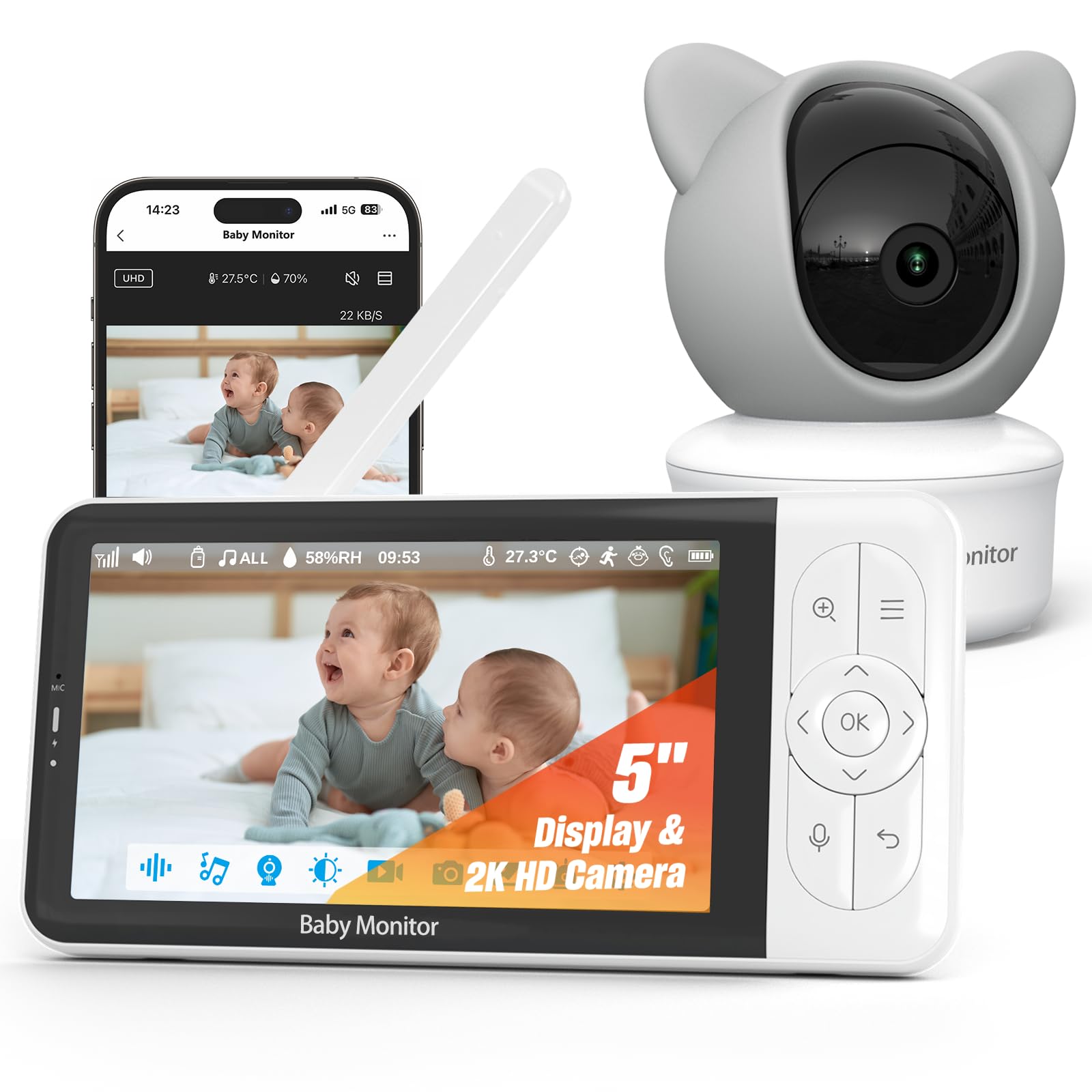 iFamily Smart Video Baby Monitor with APP and Video Camera, Cry&Sound Monitor, Motion Tracking&Monitor, Secure WiFi Lock, 2K Night Vision.
