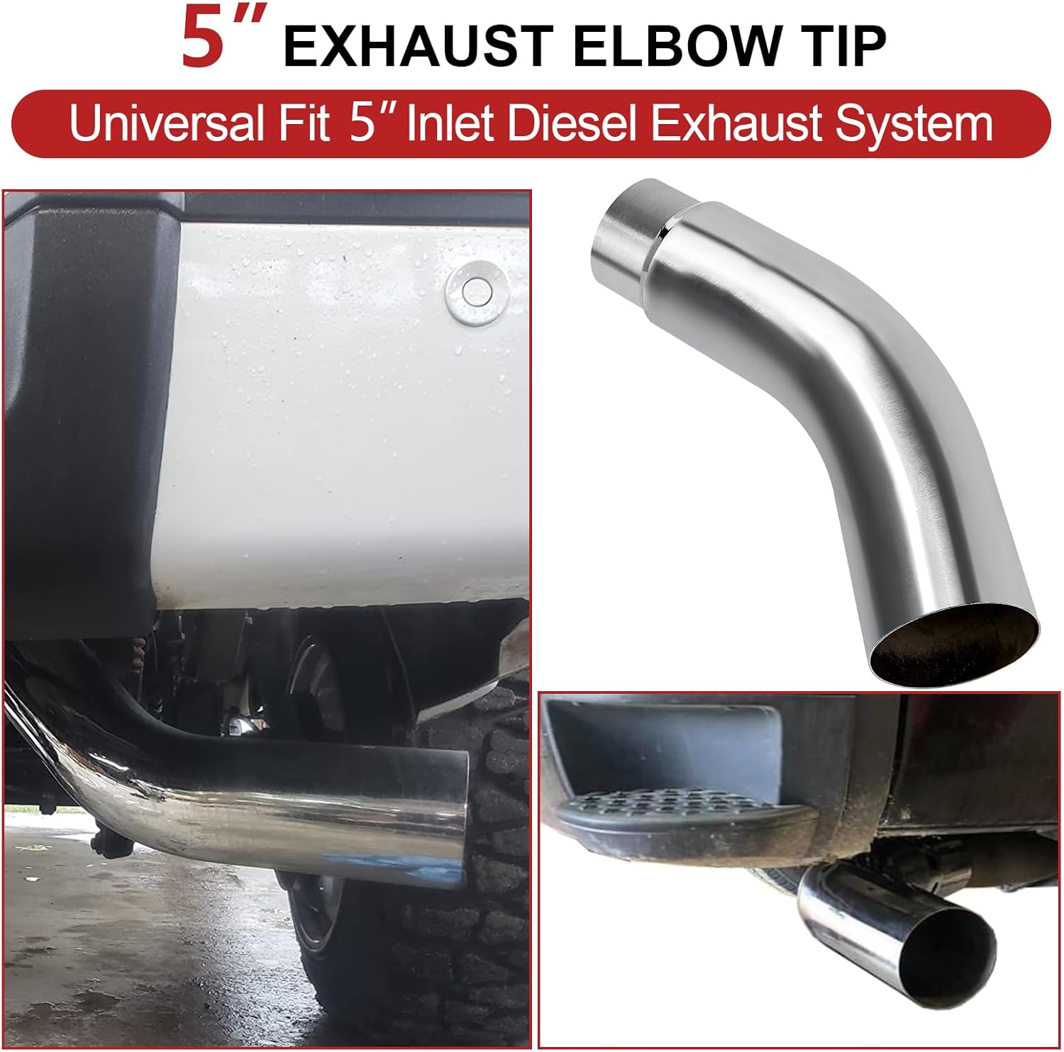 4/6in exhaust pipe,Diesel Exhaust Elbow Tip,Exhaust Pipe Elbow 4.00 Inlet 6.00 X 23.00" Long Stainless Steel Side Exit Exhaust Tip (5 in Inlet 6in Outlet with1* clamp)