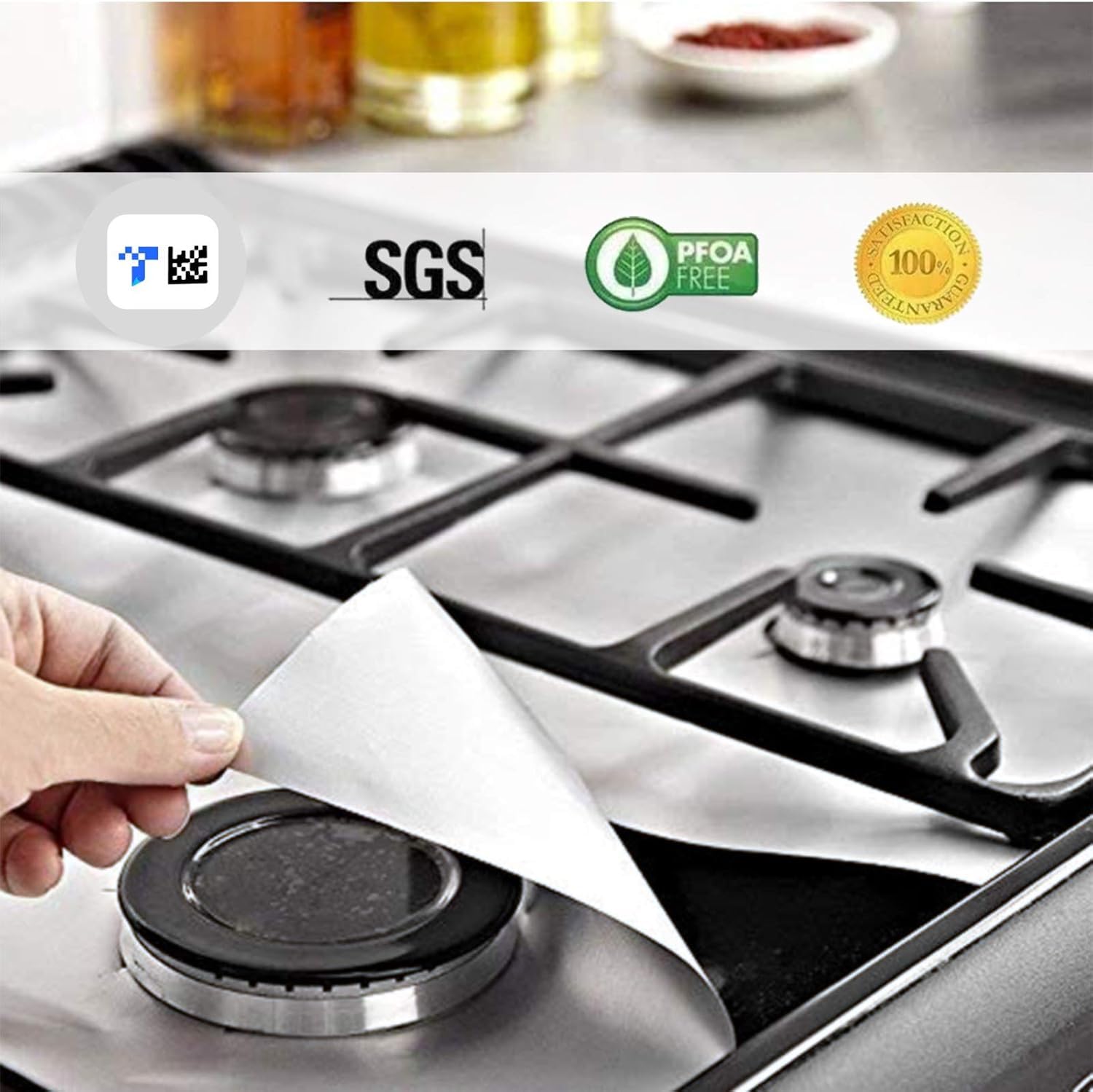 Kelexx Stove Burner Covers - 4PCS Upgraded Double Thickness Liners, Silver Nonstick Reusable Top Protectors, Easy to Clean Kitchen Stove Covers for Burners 2