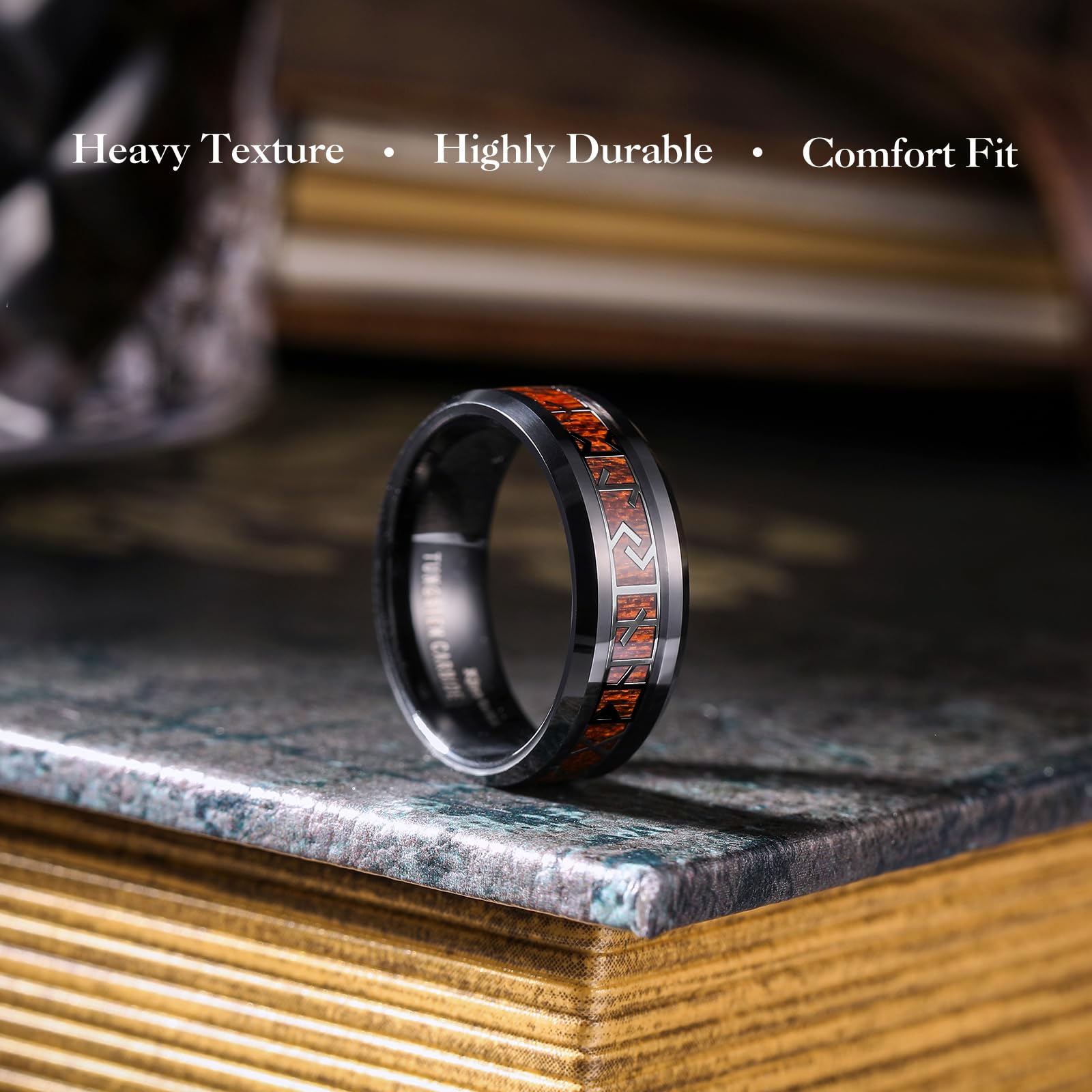 King Will Anillo de boda de carburo de tungsteno para hombre, chapado en negro de 8 mm, anillo de runa vikinga nórdico con incrustaciones de alto pulido, para cualquier ocasión, ajuste cómodo