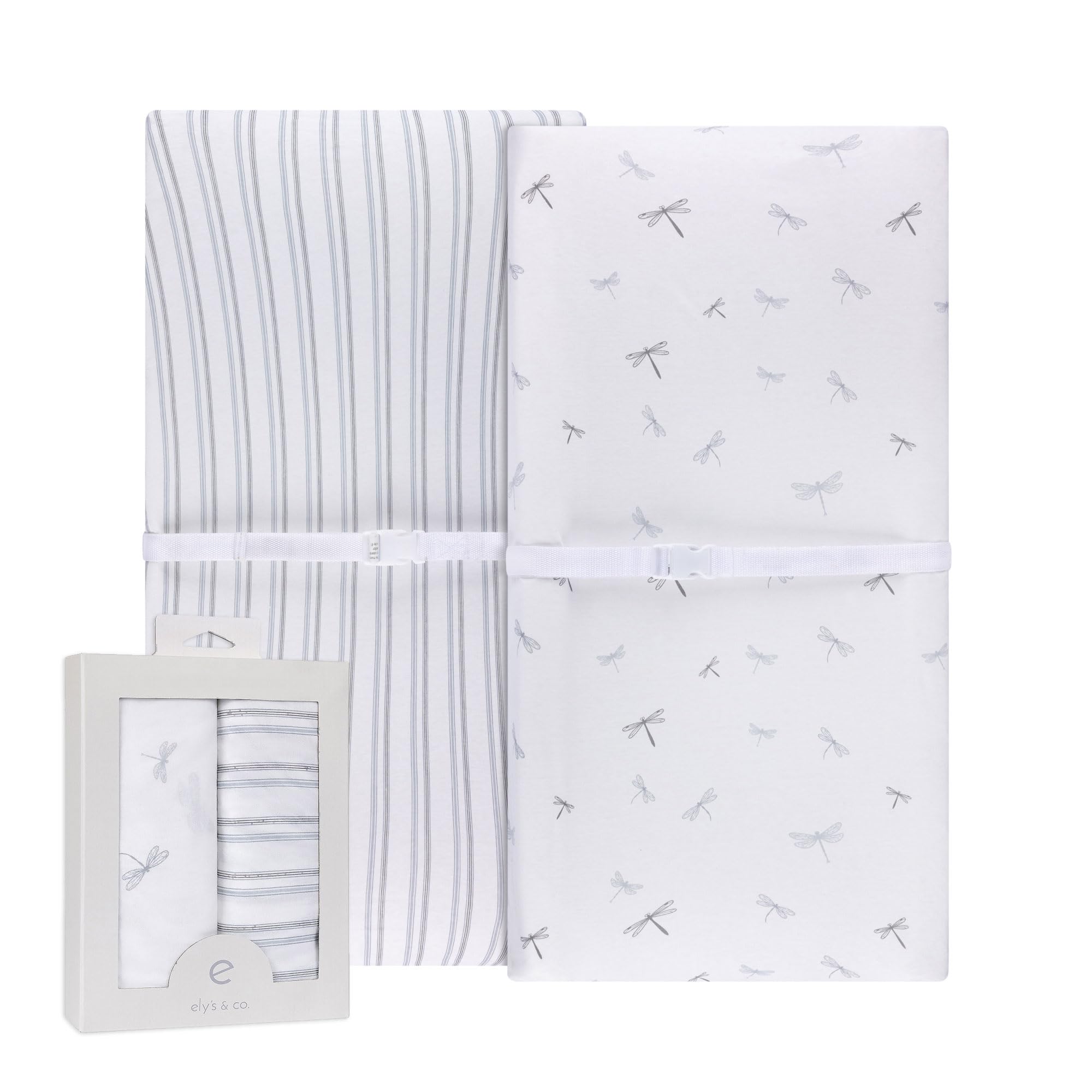 Ely’s &amp; Co. Changing Pad Cover, Diaper Changing Table Sheets, 2 Pack, Cradle Sheet Set for Baby Boys, 100% Jersey Knit Cotton, 32”x16”x5” Blue Dragonfly + Stripe Collection